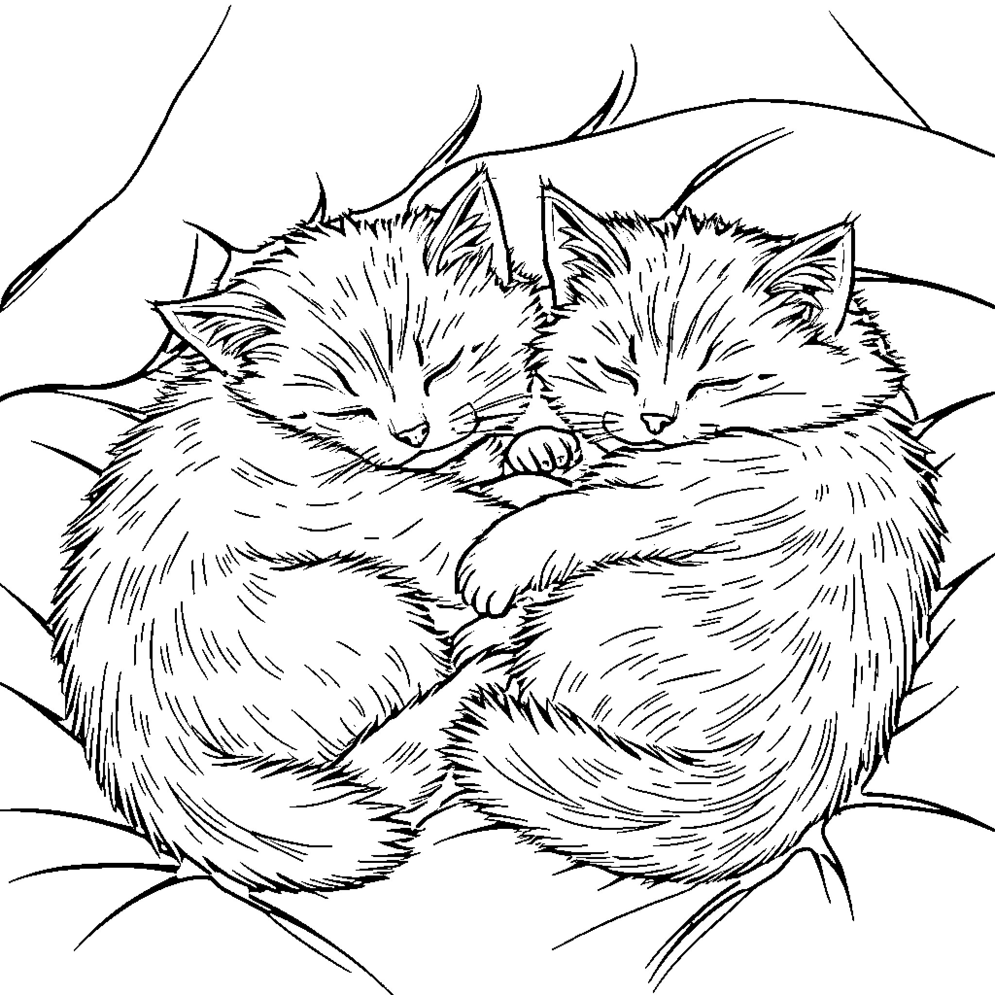 Cats sleeping peacefully in a cozy nest Coloring Page (free black-and-white line drawing printable PDF for all, from beginners to advanced learners, including children, teens, adults, and seniors)