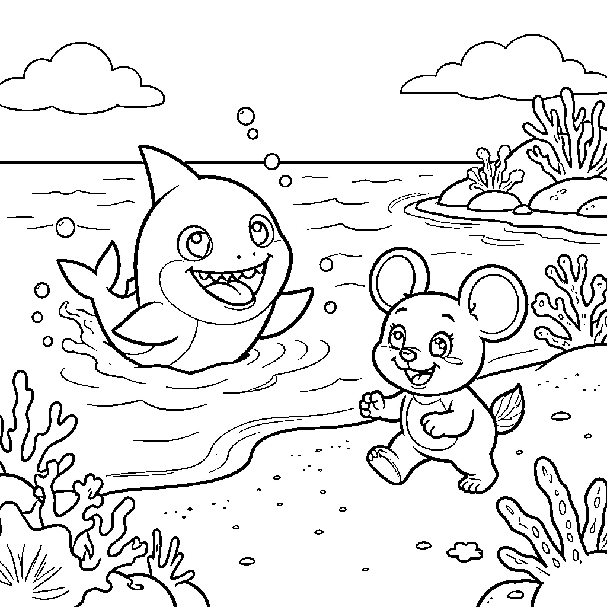 Shark and mouse swimming in ocean Coloring Page (free black-and-white line drawing printable PDF for all, from beginners to advanced learners, including children, teens, adults, and seniors)