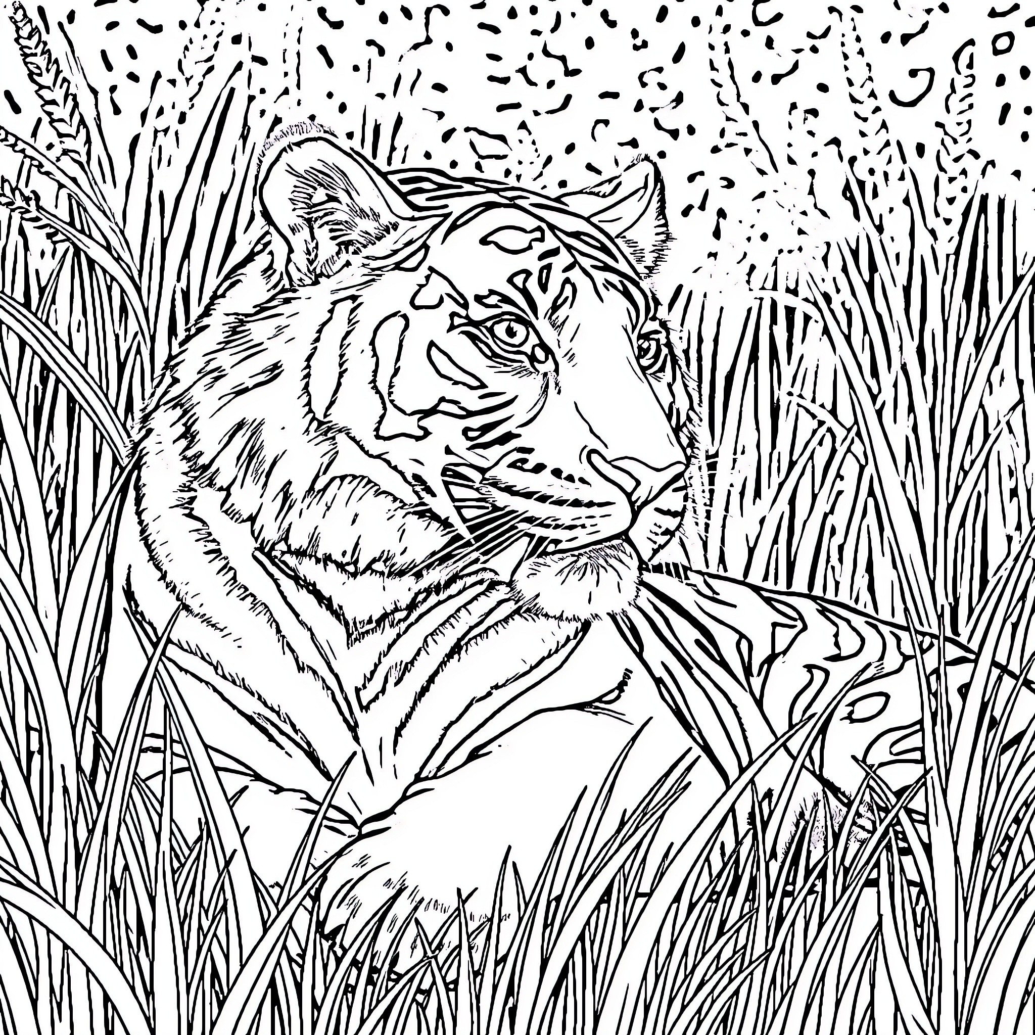 Tiger Prowling Silently in Tall Grass Coloring Page (free black-and-white line drawing printable PDF for all, from beginners to advanced learners, including children, teens, adults, and seniors)
