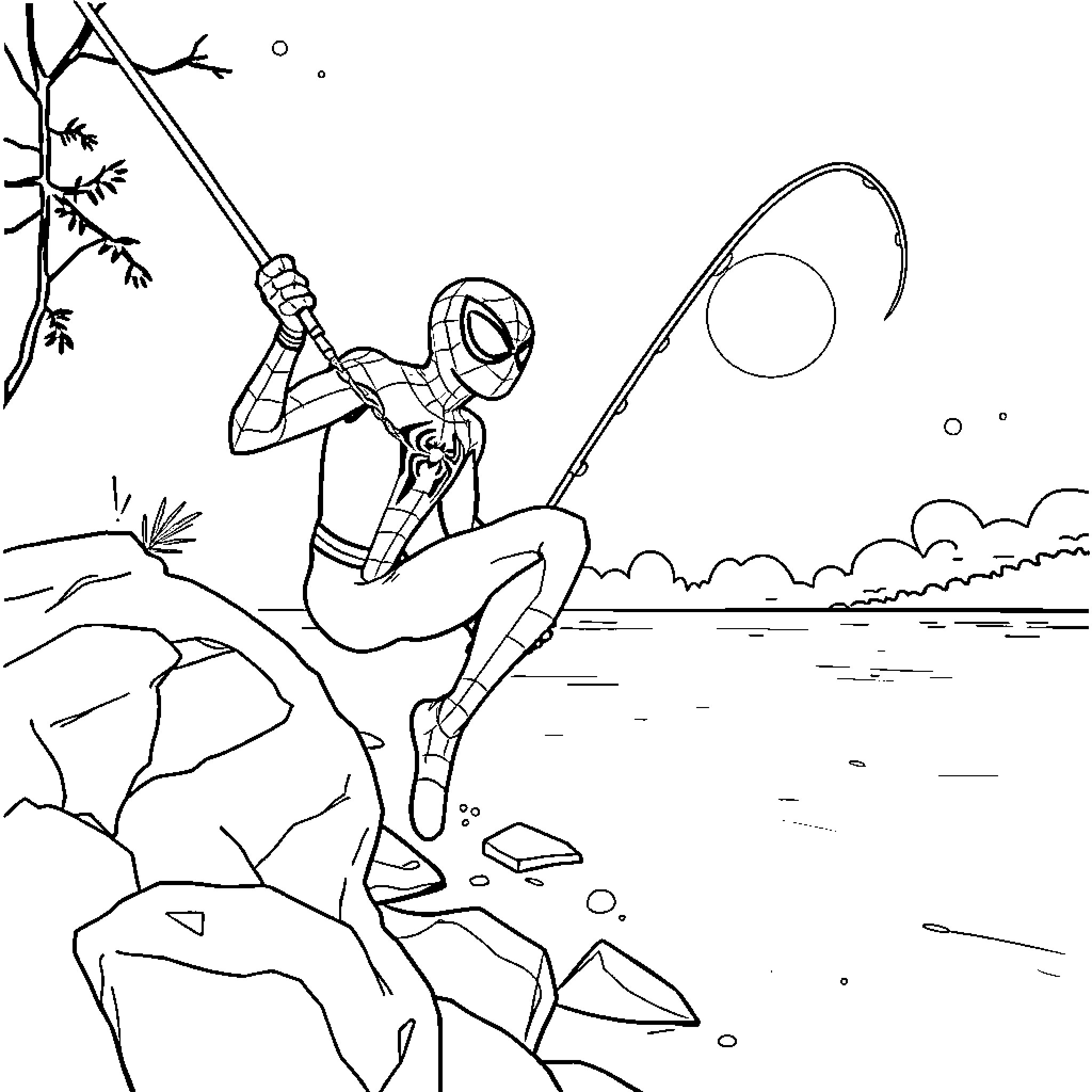 Spiderman swinging through nature with fishing rod Coloring Page (free black-and-white line drawing printable PDF for all, from beginners to advanced learners, including children, teens, adults, and seniors)