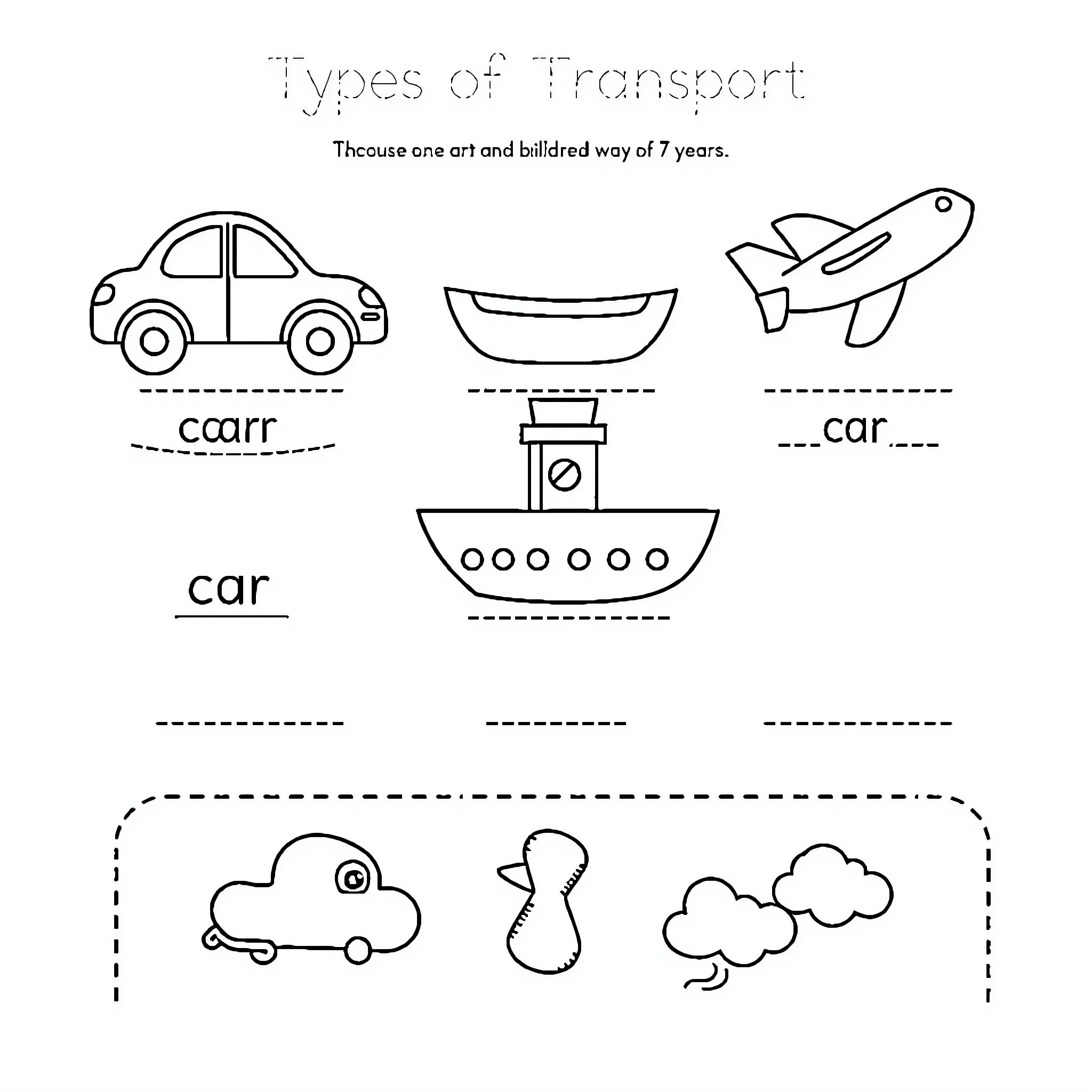 Vehicle Types and Modes of Transportation Coloring Page (free black-and-white line drawing printable PDF for all, from beginners to advanced learners, including children, teens, adults, and seniors)