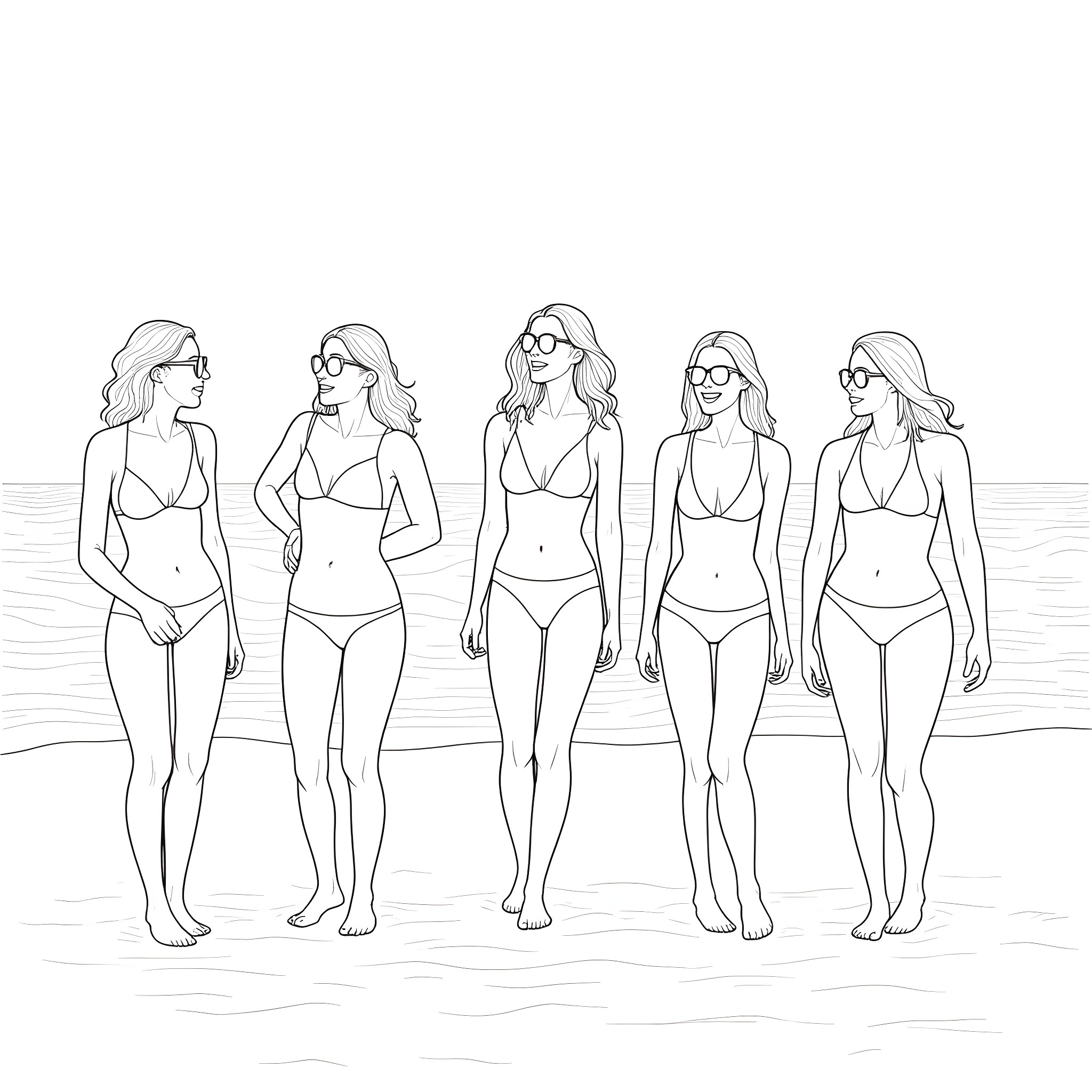Women enjoying the beach in bikinis Coloring Page (free black-and-white line drawing printable PDF for all, from beginners to advanced learners, including children, teens, adults, and seniors)