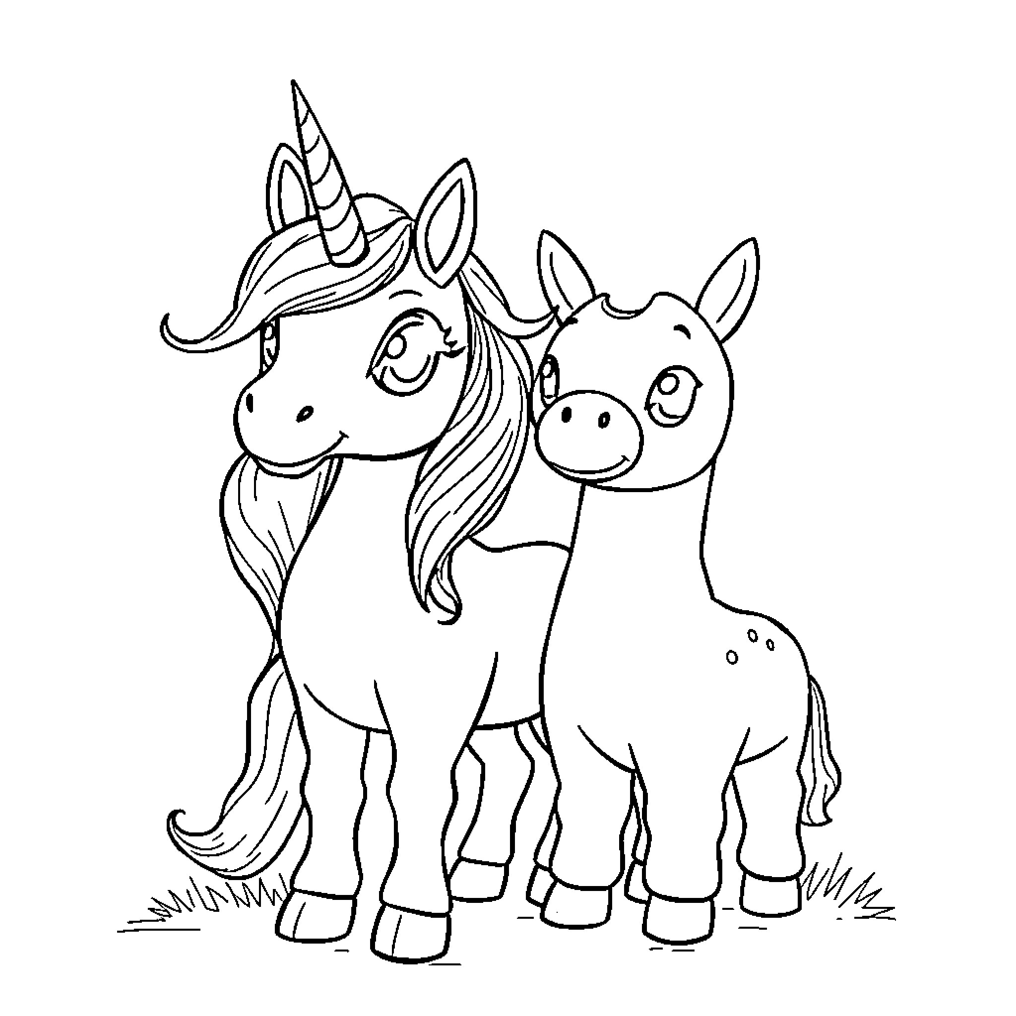 Unicorn friends enjoying a day together Coloring Page (free black-and-white line drawing printable PDF for all, from beginners to advanced learners, including children, teens, adults, and seniors)