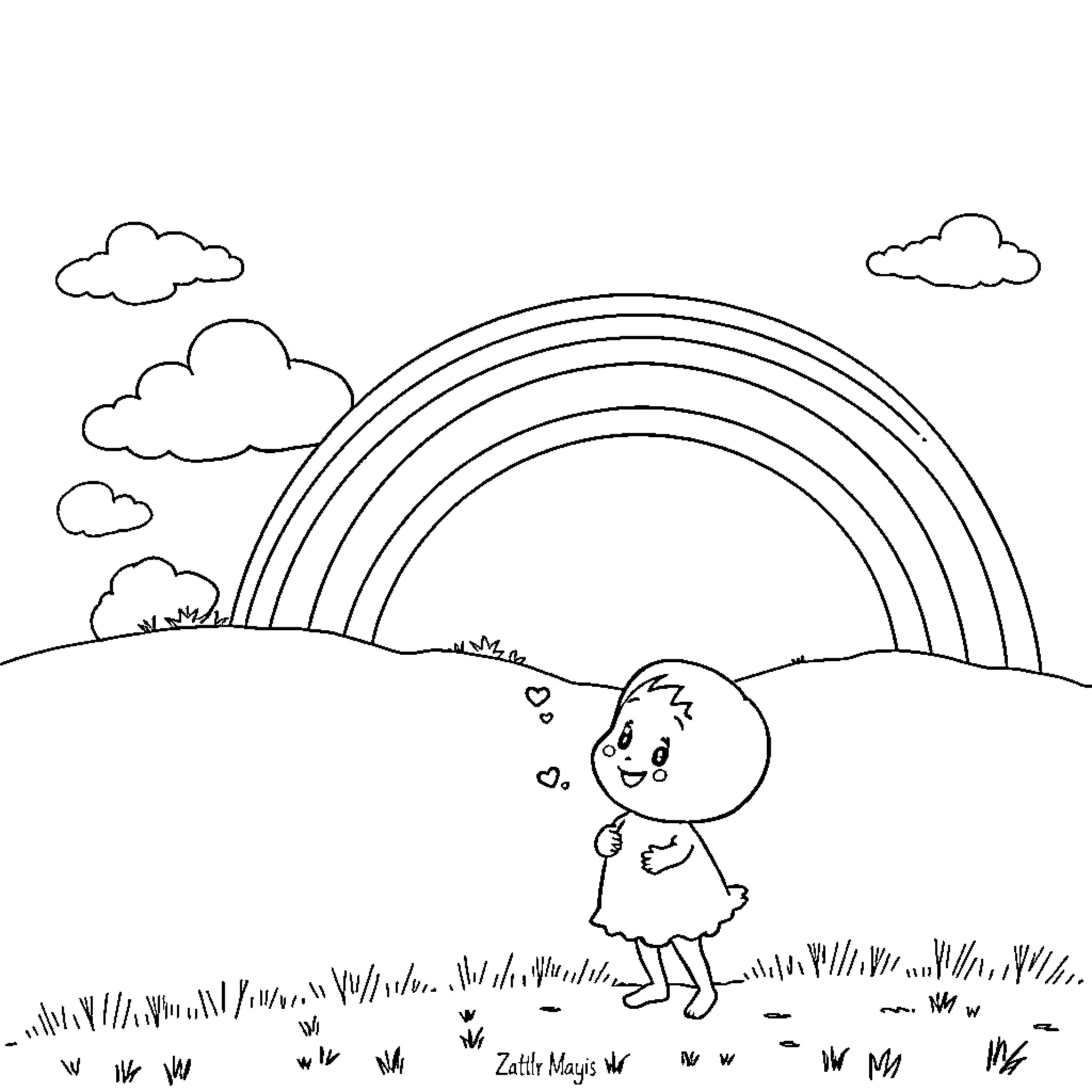 Chou's Joyful Stroll Beneath the Rainbow Coloring Page (free black-and-white line drawing printable PDF for all, from beginners to advanced learners, including children, teens, adults, and seniors)