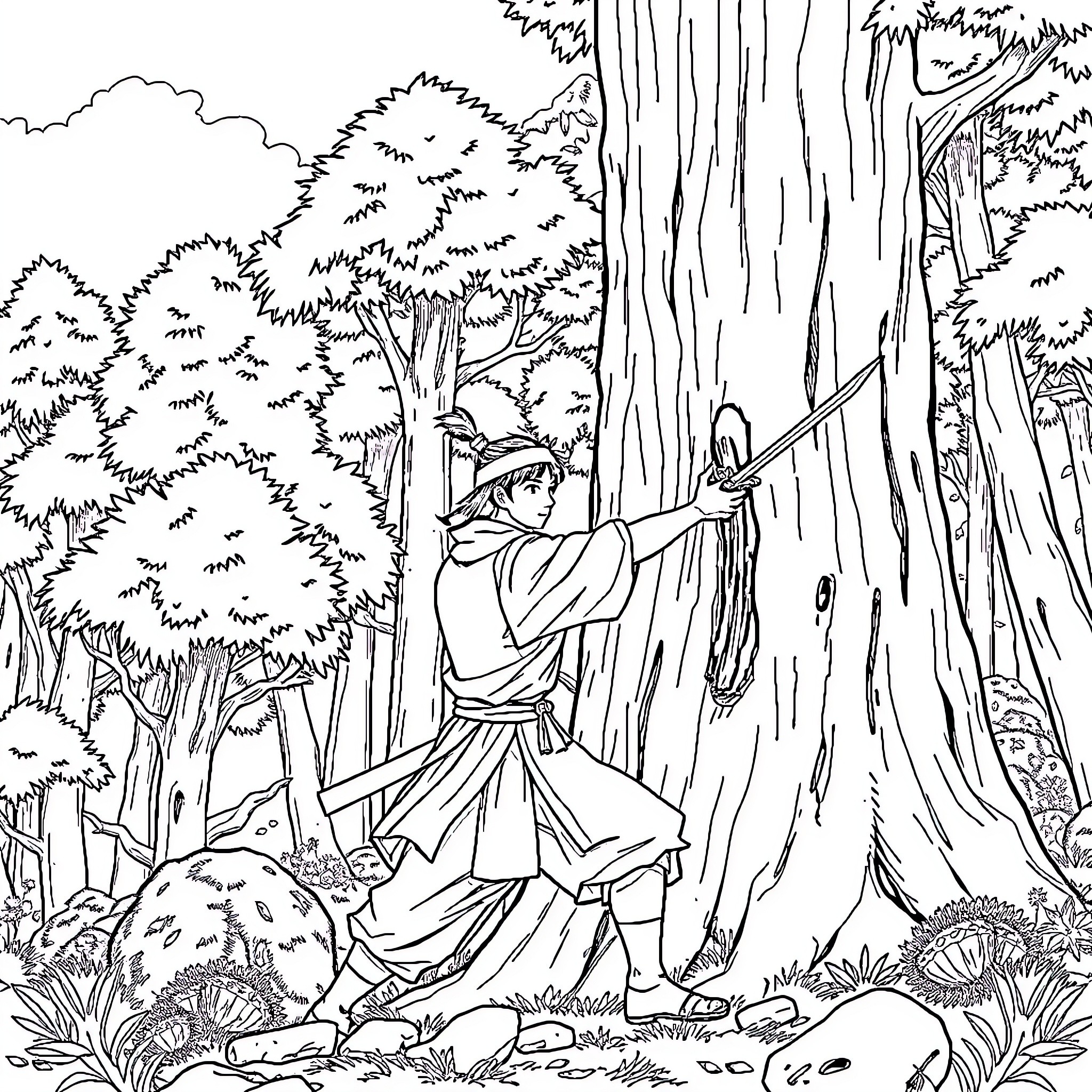 Tanjiro exploring the mysterious forest landscape Coloring Page (free black-and-white line drawing printable PDF for all, from beginners to advanced learners, including children, teens, adults, and seniors)