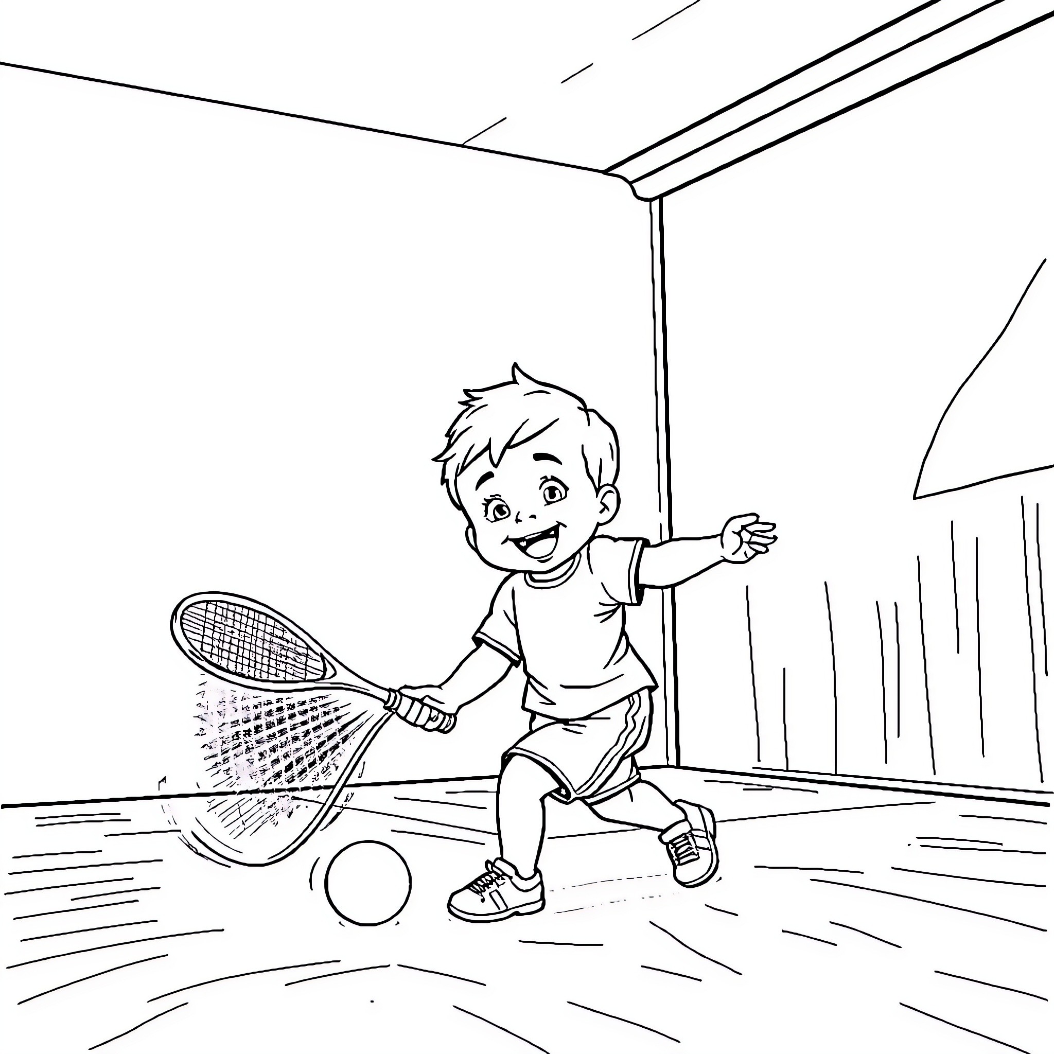 Baby playing with a tennis racket in the court Coloring Page (free black-and-white line drawing printable PDF for all, from beginners to advanced learners, including children, teens, adults, and seniors)