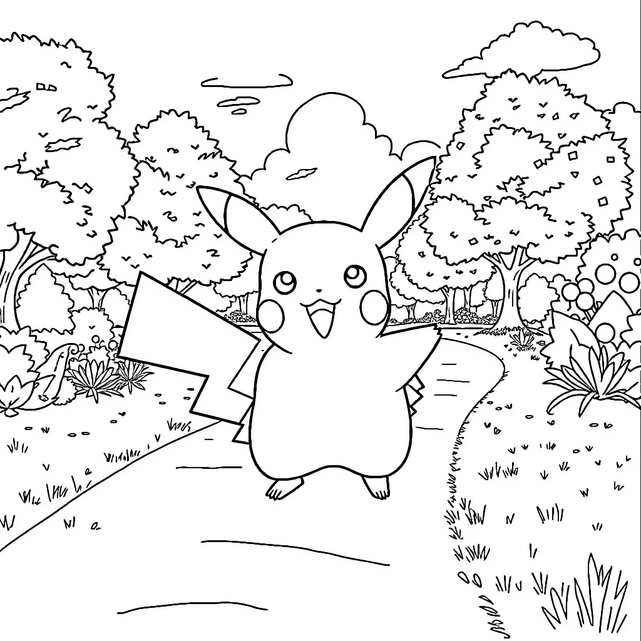 Pikachu Enjoying Outdoor Adventure in Lush Landscape Coloring Page (free black-and-white line drawing printable PDF for all, from beginners to advanced learners, including children, teens, adults, and seniors)