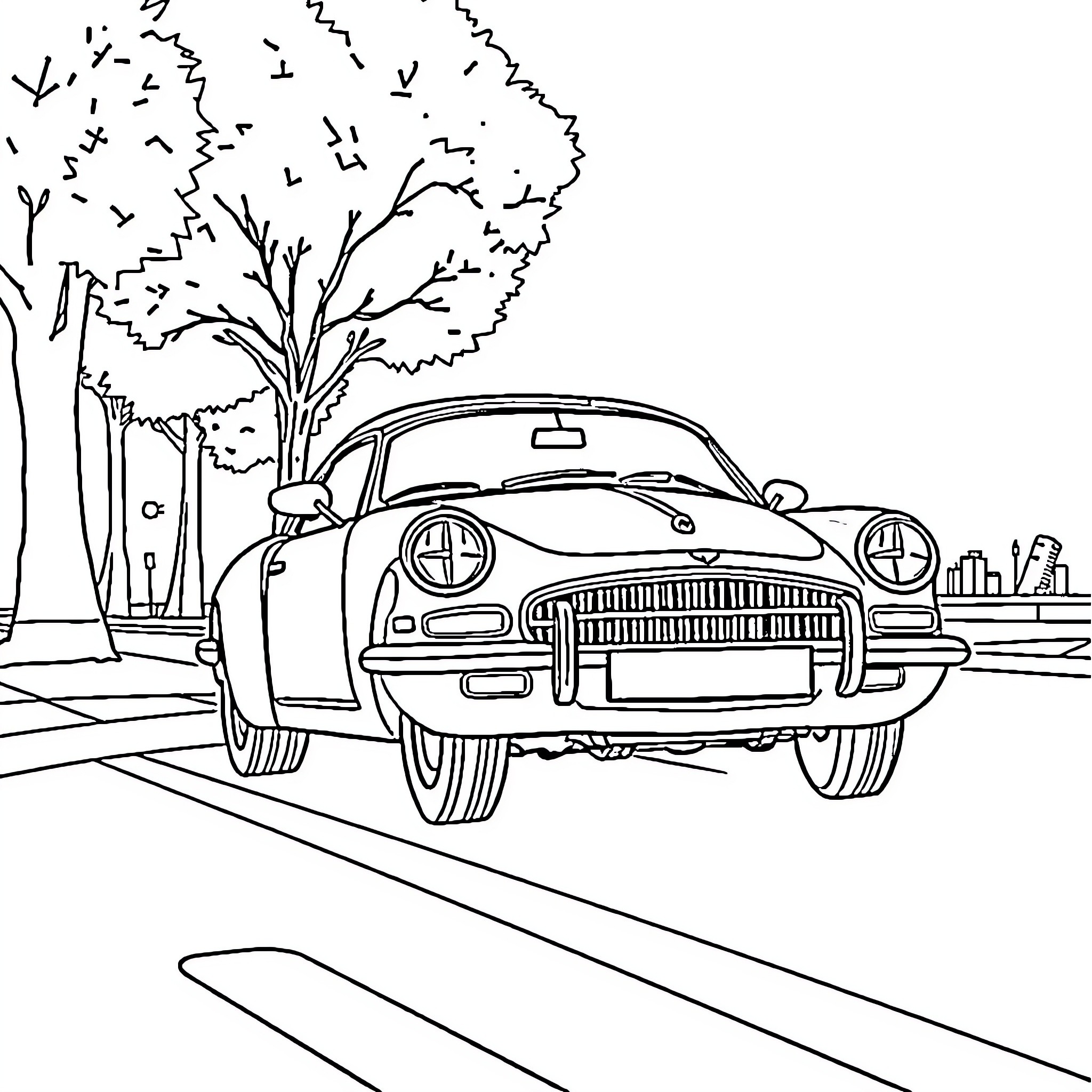 Car driving on a road surrounded by trees Coloring Page (free black-and-white line drawing printable PDF for all, from beginners to advanced learners, including children, teens, adults, and seniors)