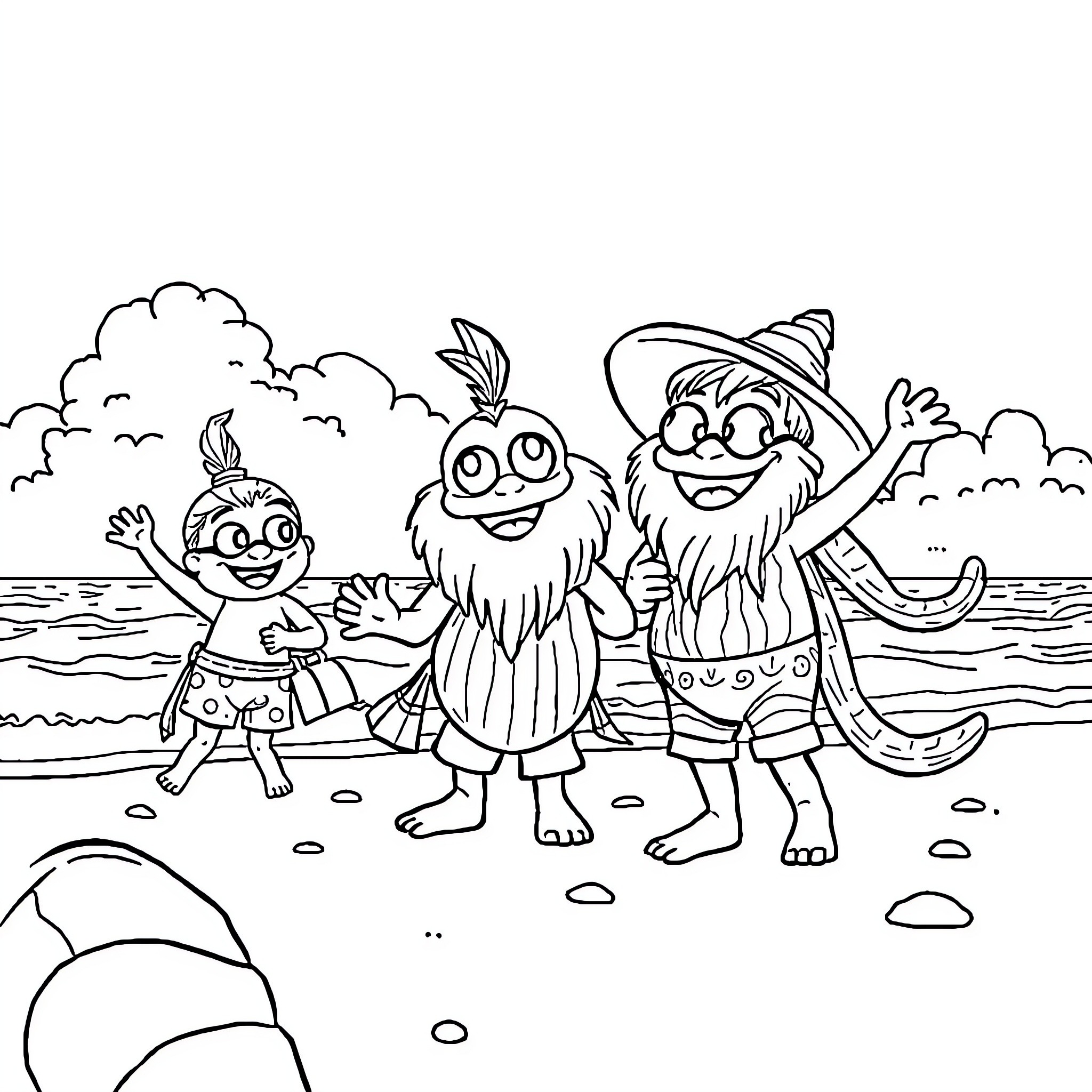 Kwami Creatures Frolicking on the Beach Coloring Page (free black-and-white line drawing printable PDF for all, from beginners to advanced learners, including children, teens, adults, and seniors)