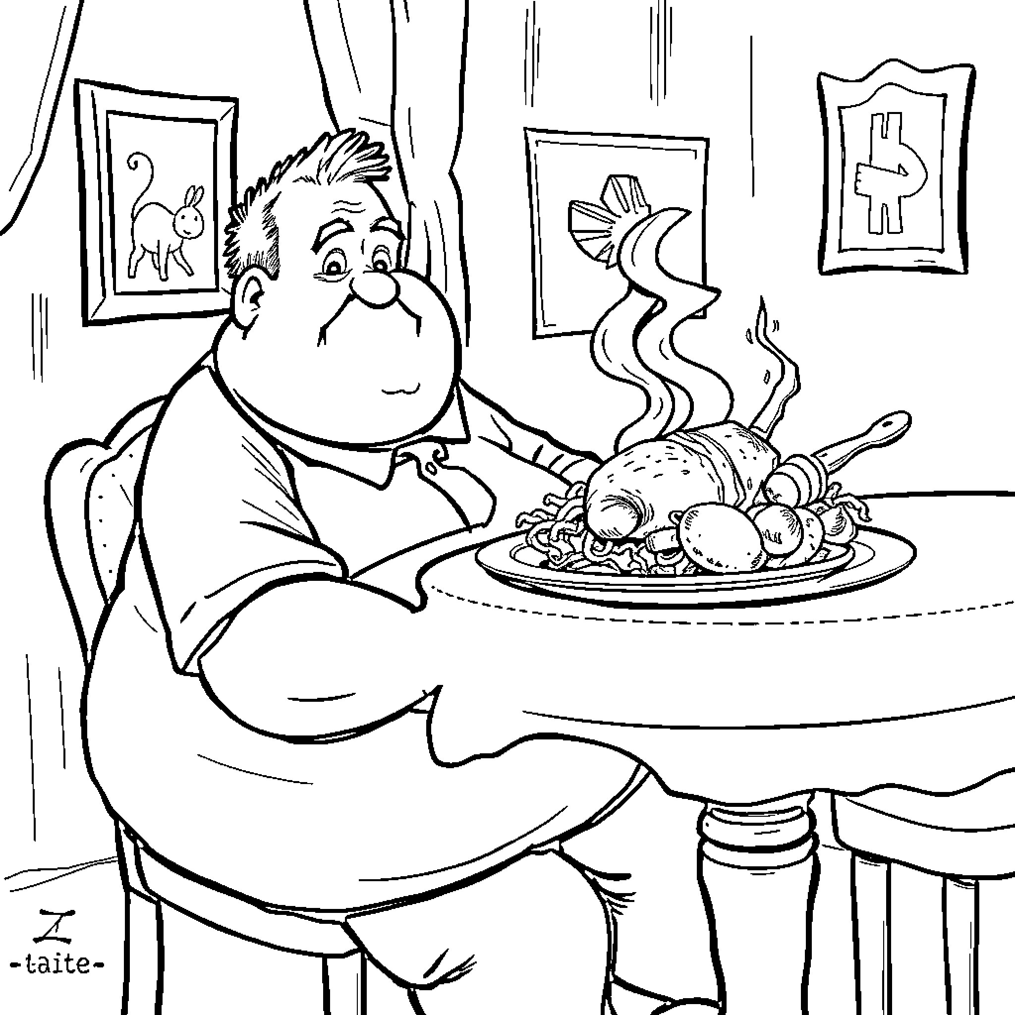 Man enjoying a hearty meal at the table Coloring Page (free black-and-white line drawing printable PDF for all, from beginners to advanced learners, including children, teens, adults, and seniors)