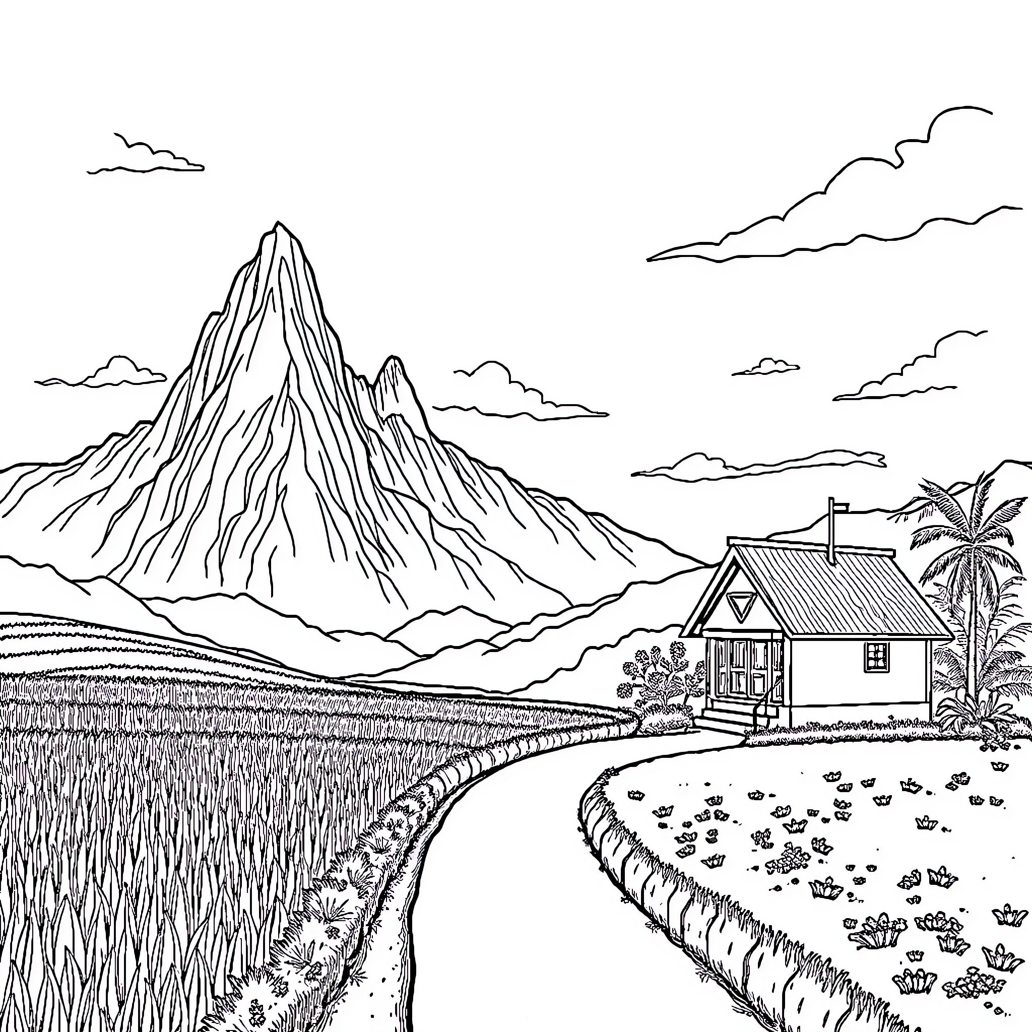 Mountain cabin in the countryside Coloring Page (free black-and-white line drawing printable PDF for all, from beginners to advanced learners, including children, teens, adults, and seniors)