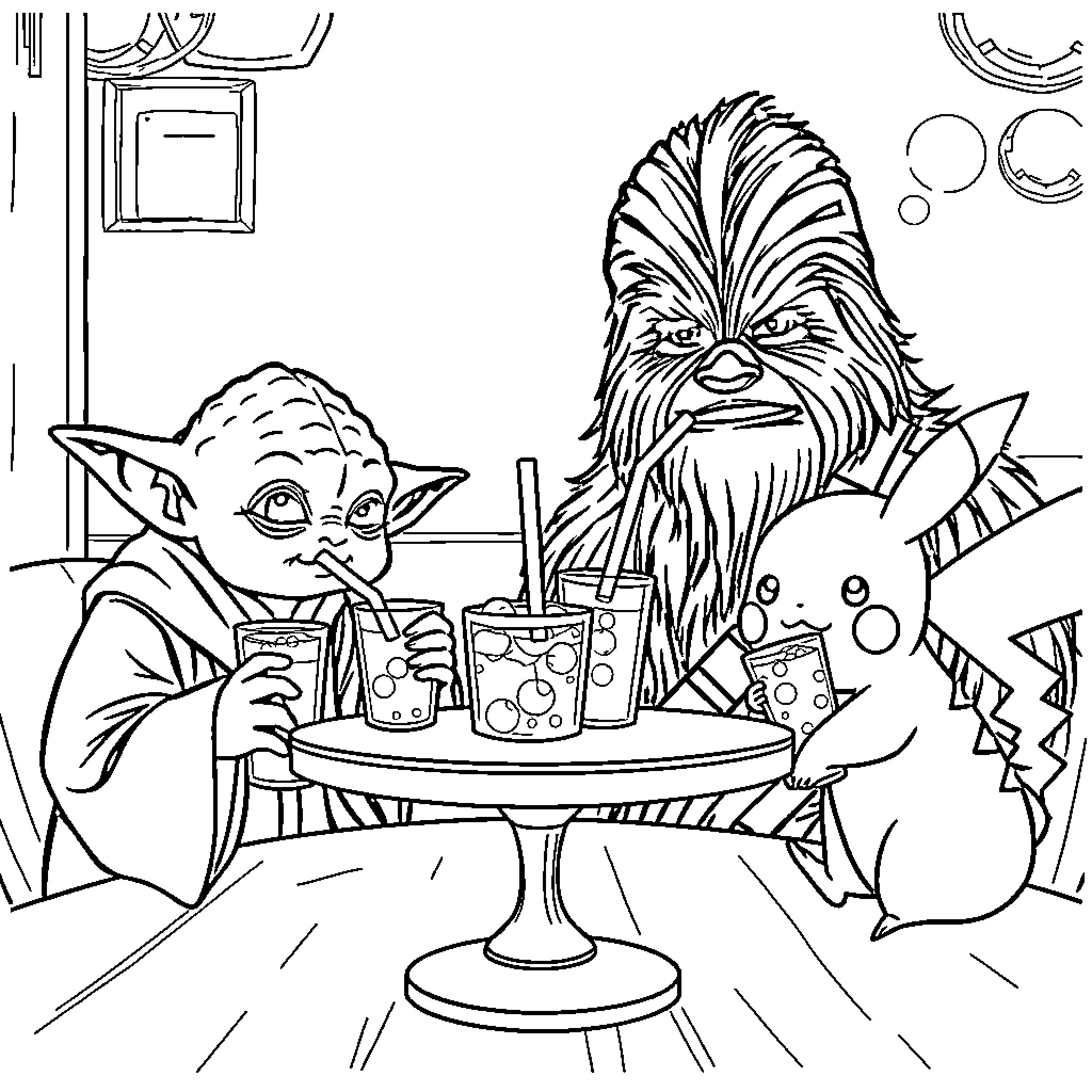Yoda and Chewbacca enjoying refreshing drinks Coloring Page (free black-and-white line drawing printable PDF for all, from beginners to advanced learners, including children, teens, adults, and seniors)