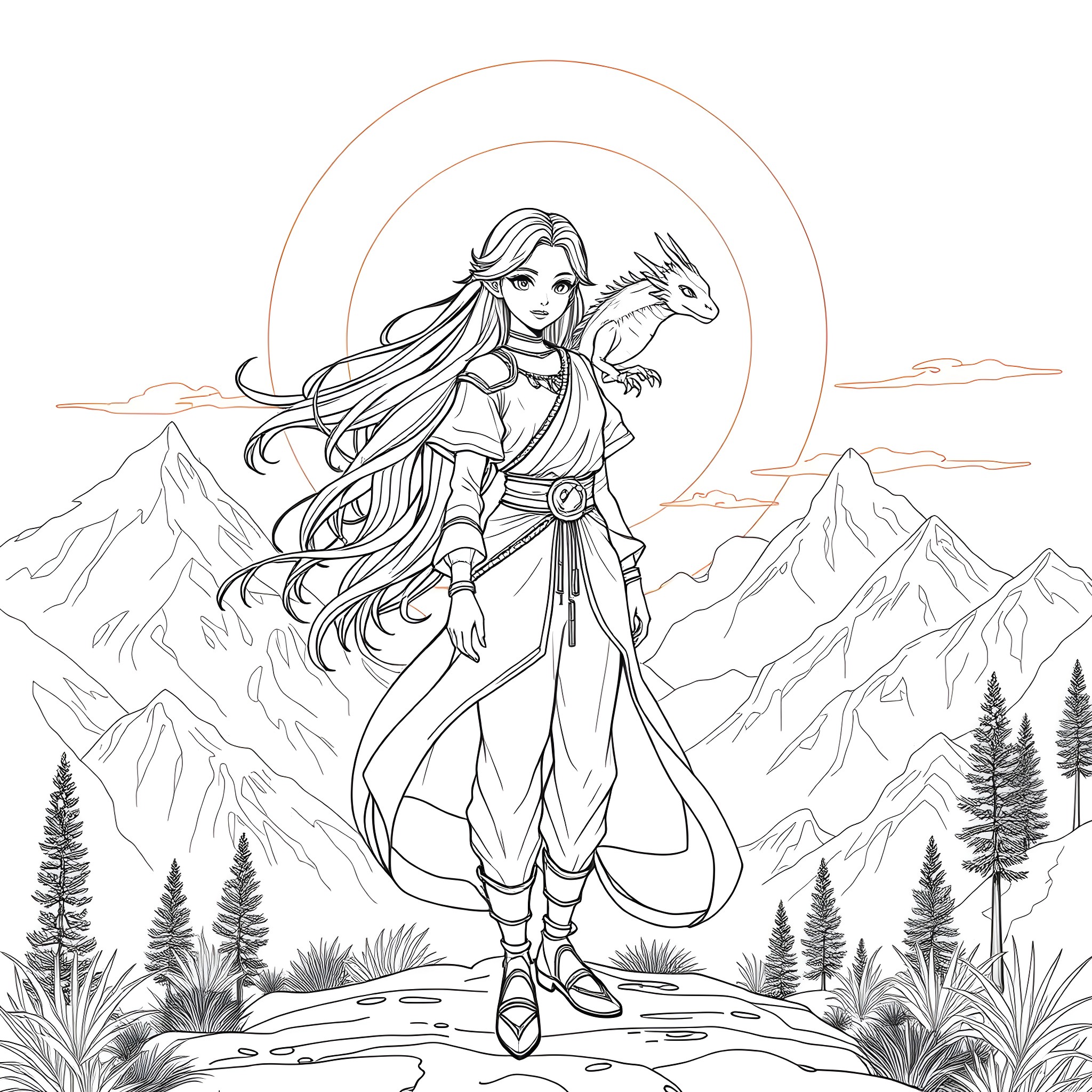 Girl Adventuring with a Dragon in the Mountains Coloring Page (free black-and-white line drawing printable PDF for all, from beginners to advanced learners, including children, teens, adults, and seniors)