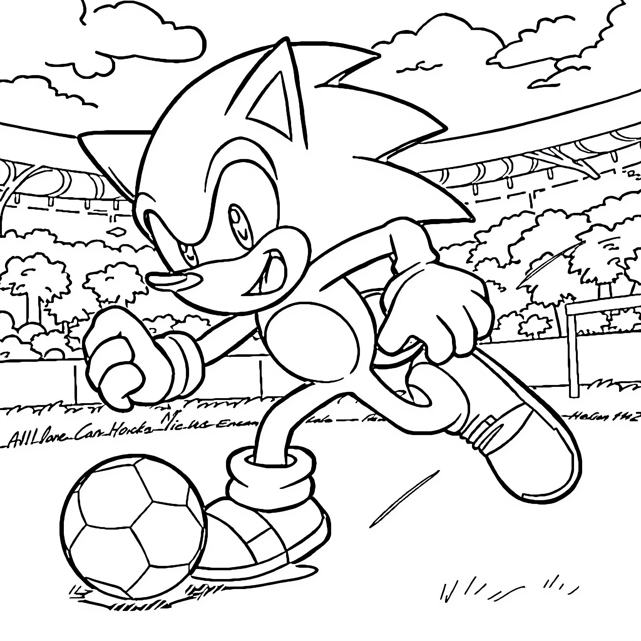 Sonic playing soccer on a sports field Coloring Page (free black-and-white line drawing printable PDF for all, from beginners to advanced learners, including children, teens, adults, and seniors)