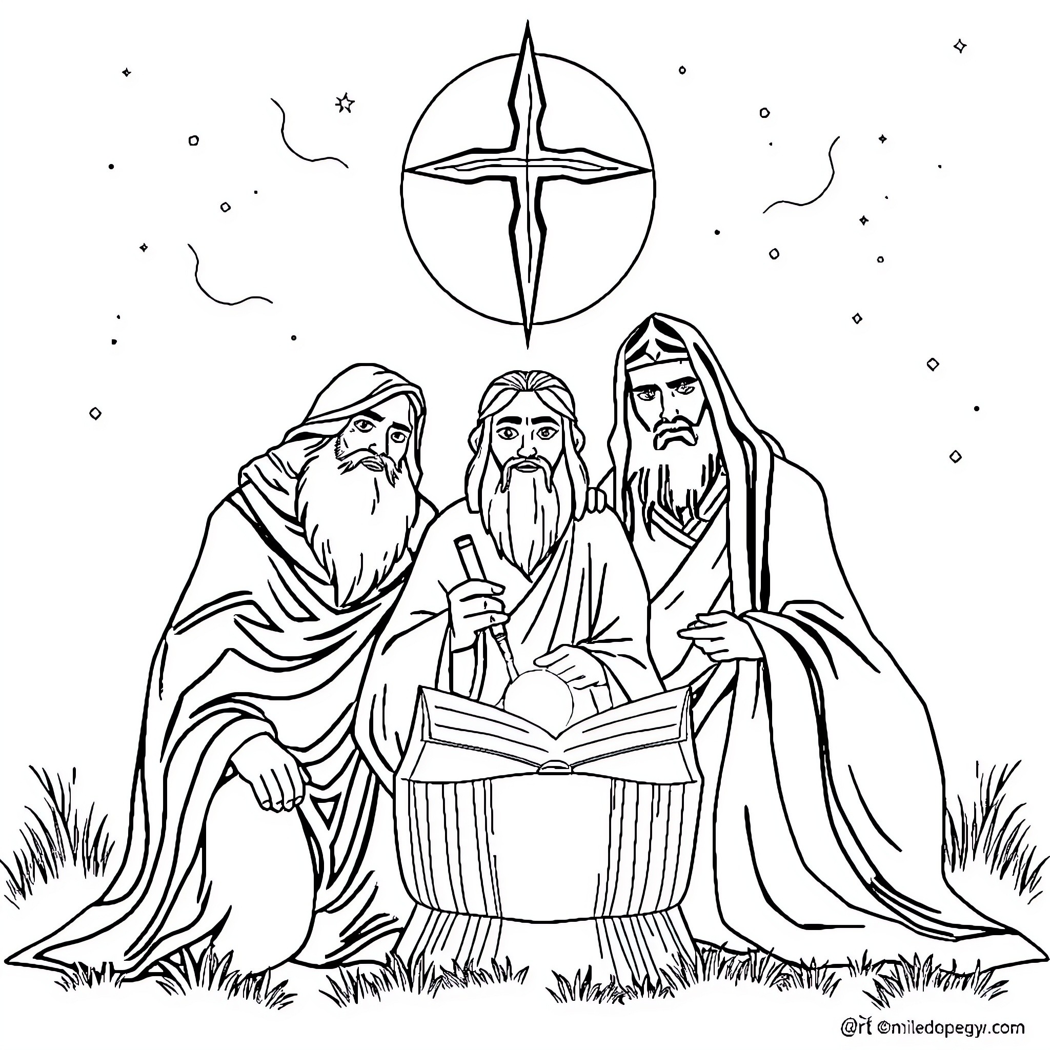 Bible Characters Studying Scriptures with Cross Coloring Page (free black-and-white line drawing printable PDF for all, from beginners to advanced learners, including children, teens, adults, and seniors)