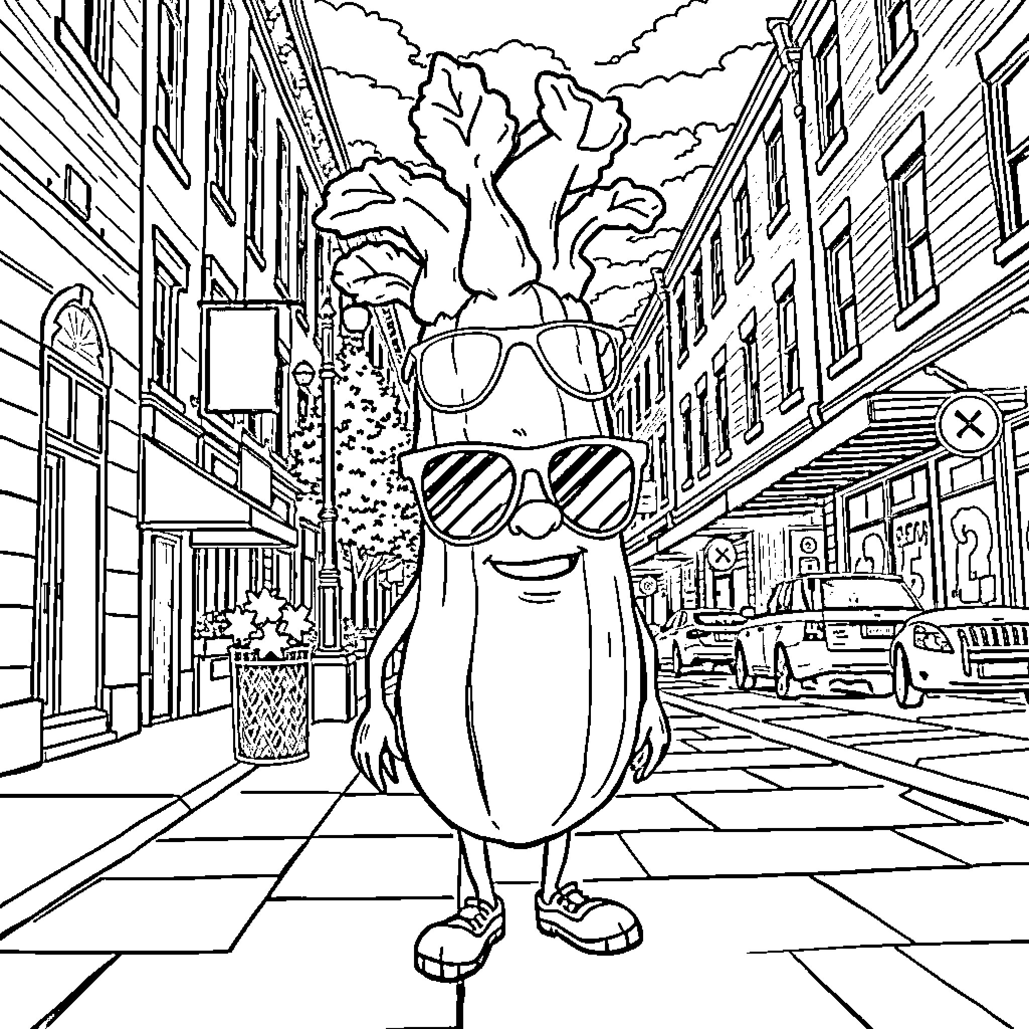 Vegetable character exploring the city streets Coloring Page (free black-and-white line drawing printable PDF for all, from beginners to advanced learners, including children, teens, adults, and seniors)
