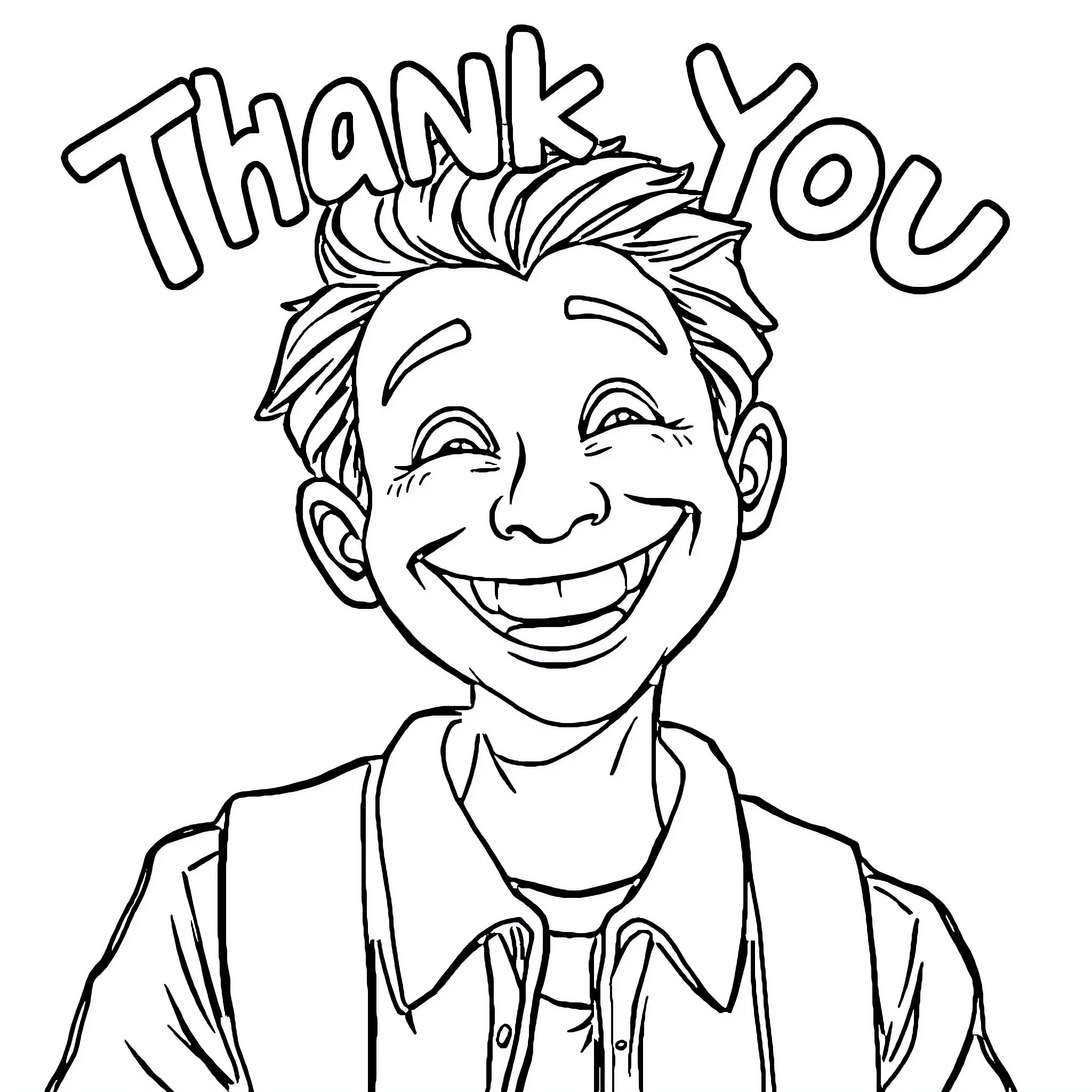 Thank You Smiling Boy with Expressive Face Coloring Page (free black-and-white line drawing printable PDF for all, from beginners to advanced learners, including children, teens, adults, and seniors)