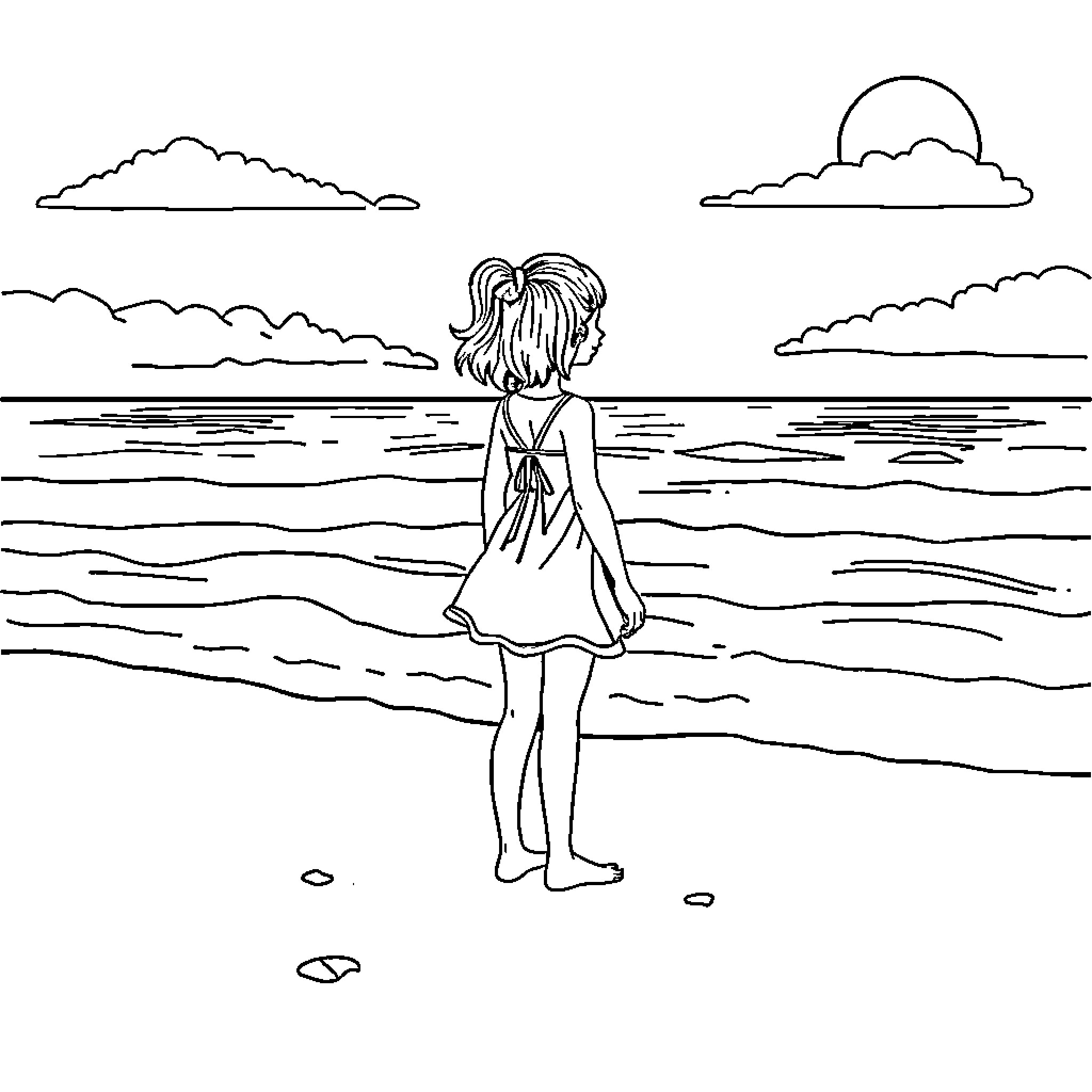 Girl gazing at the peaceful ocean view Coloring Page (free black-and-white line drawing printable PDF for all, from beginners to advanced learners, including children, teens, adults, and seniors)