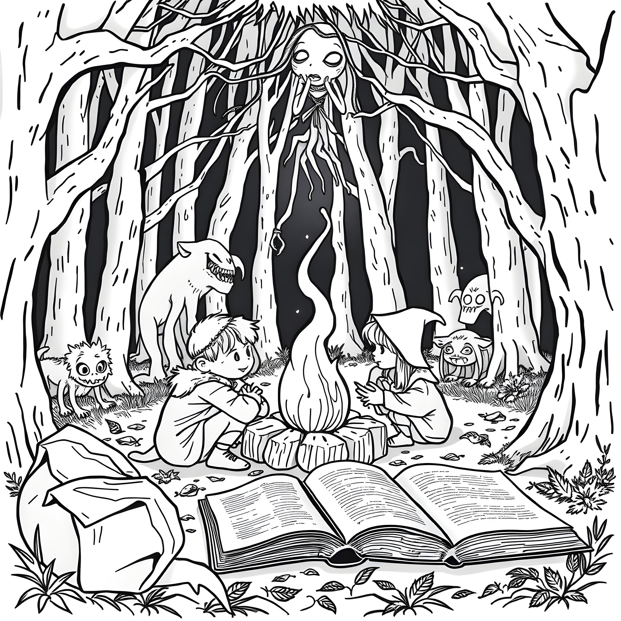 Kids Book - Mysterious Creature in the Enchanted Forest Coloring Page (free black-and-white line drawing printable PDF for all, from beginners to advanced learners, including children, teens, adults, and seniors)