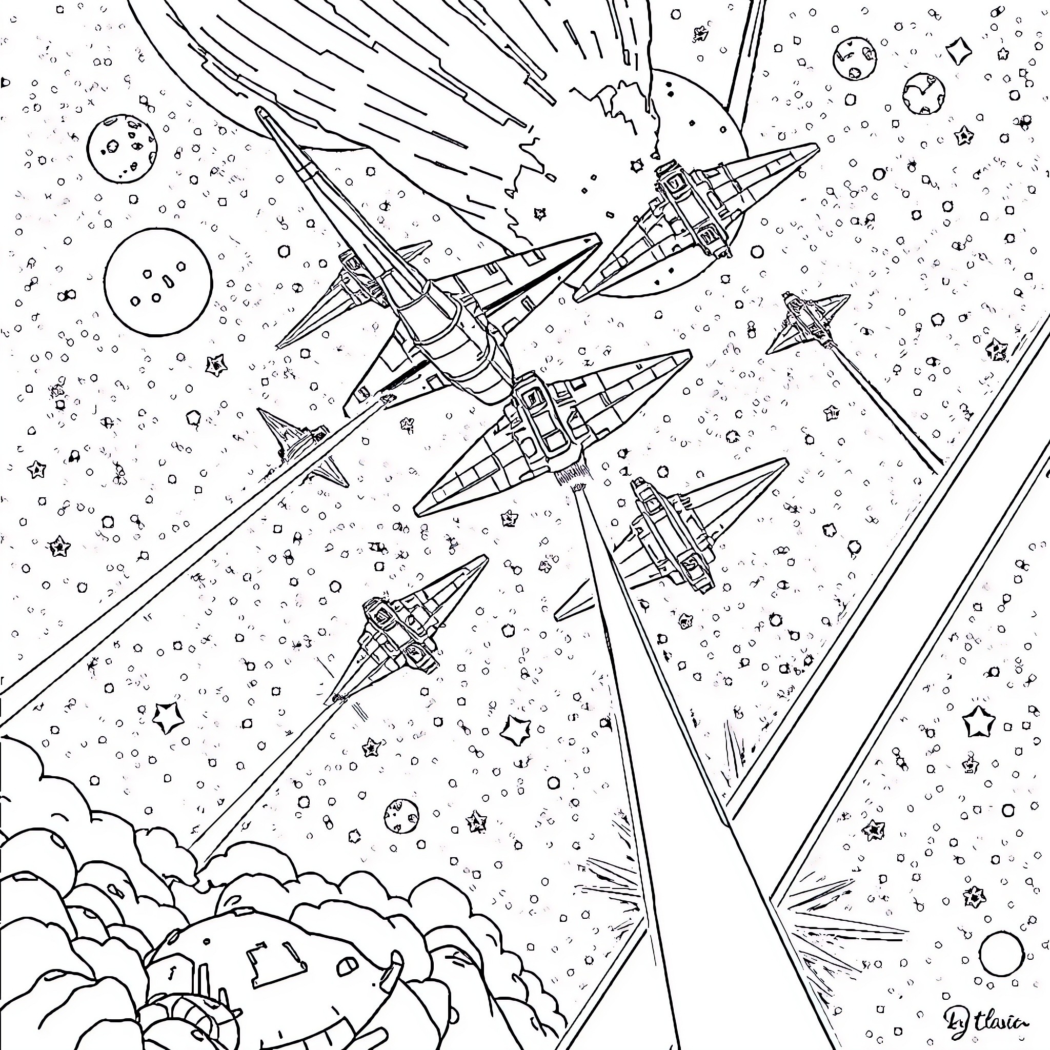 Star Wars Space Battles and Starships in the Galaxy Coloring Page (free black-and-white line drawing printable PDF for all, from beginners to advanced learners, including children, teens, adults, and seniors)