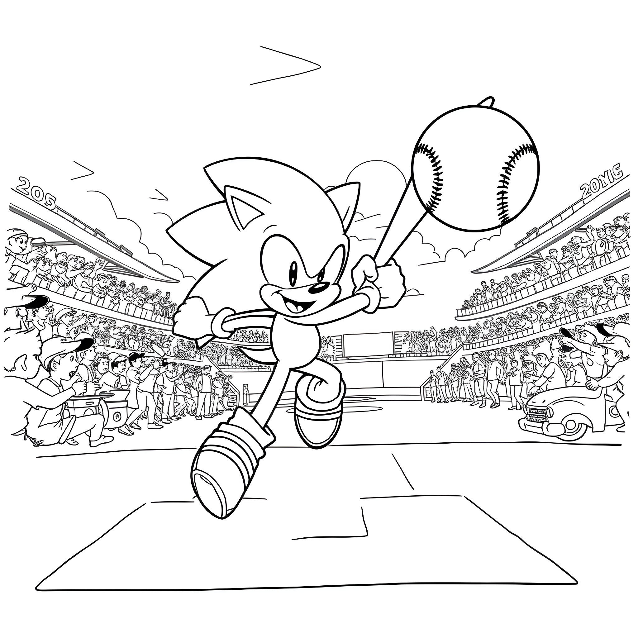 Sonic's Baseball Adventure in the Stadium Coloring Page (free black-and-white line drawing printable PDF for all, from beginners to advanced learners, including children, teens, adults, and seniors)