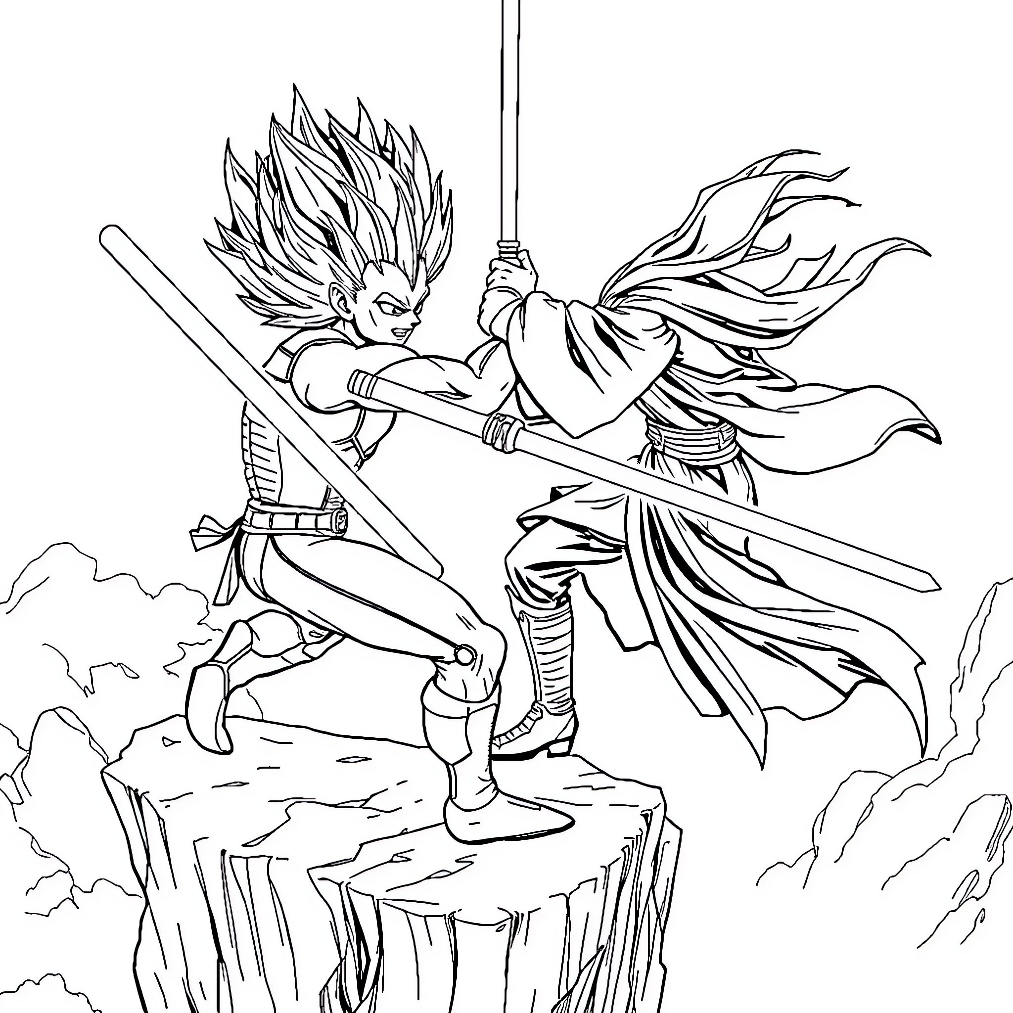 Vegeta's Fierce Battle on Cliffside Coloring Page (free black-and-white line drawing printable PDF for all, from beginners to advanced learners, including children, teens, adults, and seniors)