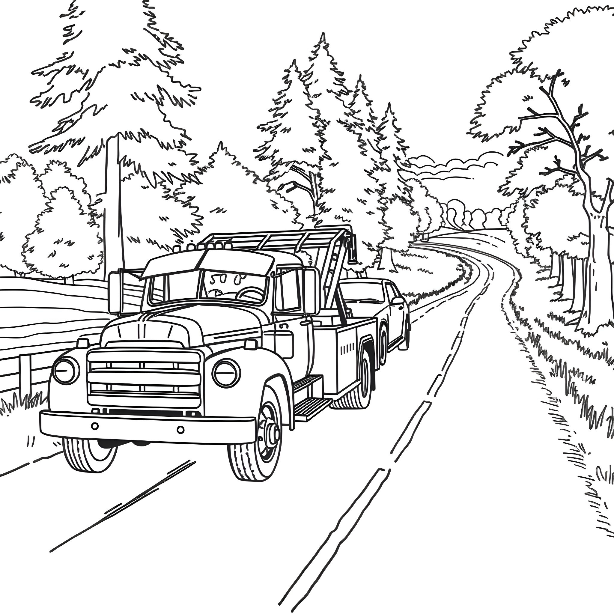Tow Truck on a Winding Forest Road Coloring Page (free black-and-white line drawing printable PDF for all, from beginners to advanced learners, including children, teens, adults, and seniors)