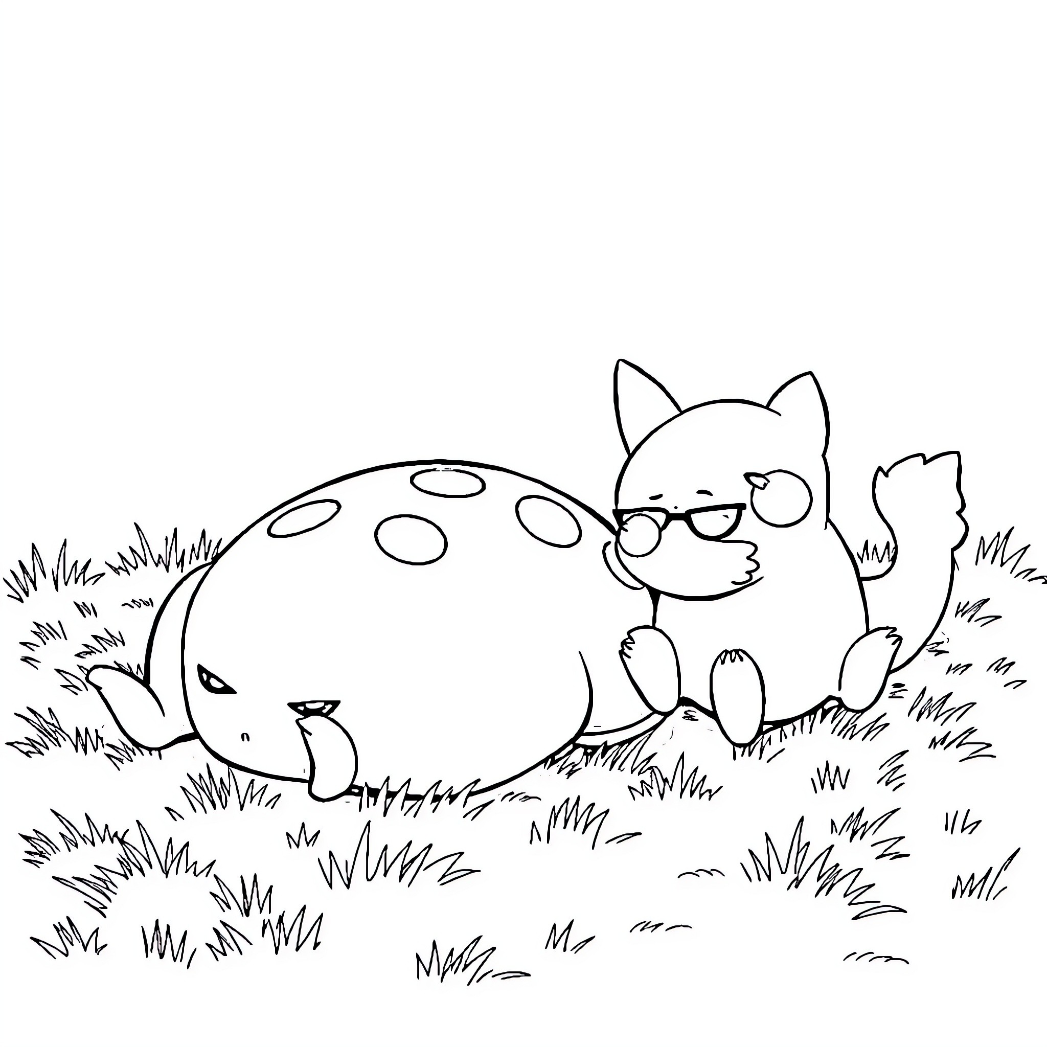 Snorlax relaxing in the grass with animal friends Coloring Page (free black-and-white line drawing printable PDF for all, from beginners to advanced learners, including children, teens, adults, and seniors)