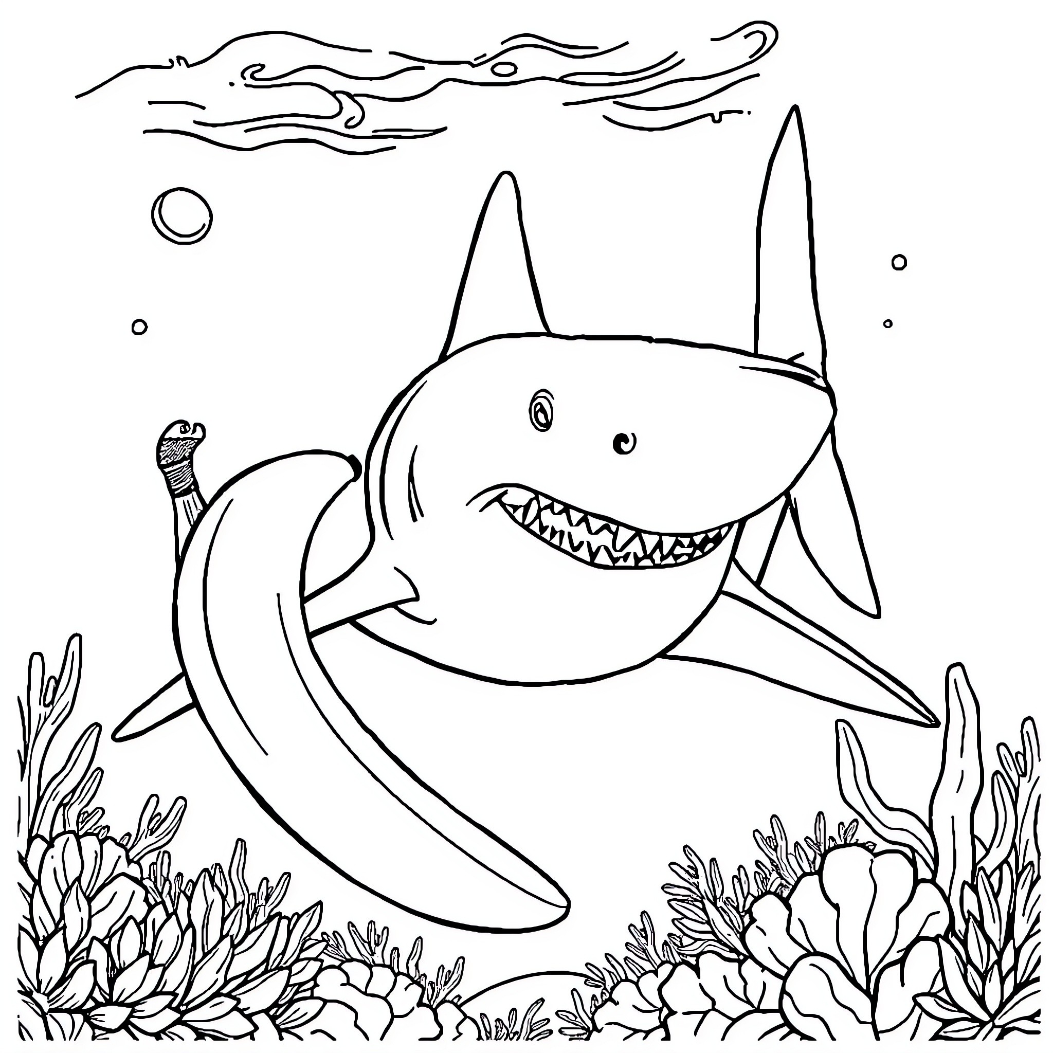 Shark hunting in the underwater coral reef Coloring Page (free black-and-white line drawing printable PDF for all, from beginners to advanced learners, including children, teens, adults, and seniors)
