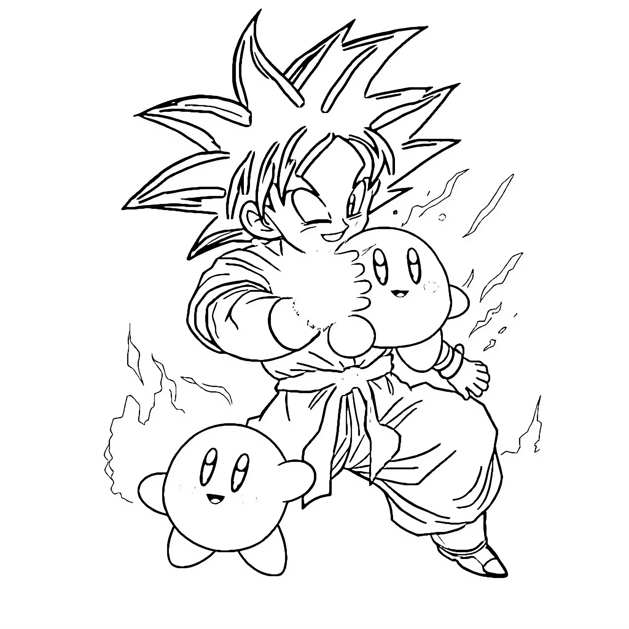 Goku fighting with Kirby in a dynamic pose Coloring Page (free black-and-white line drawing printable PDF for all, from beginners to advanced learners, including children, teens, adults, and seniors)
