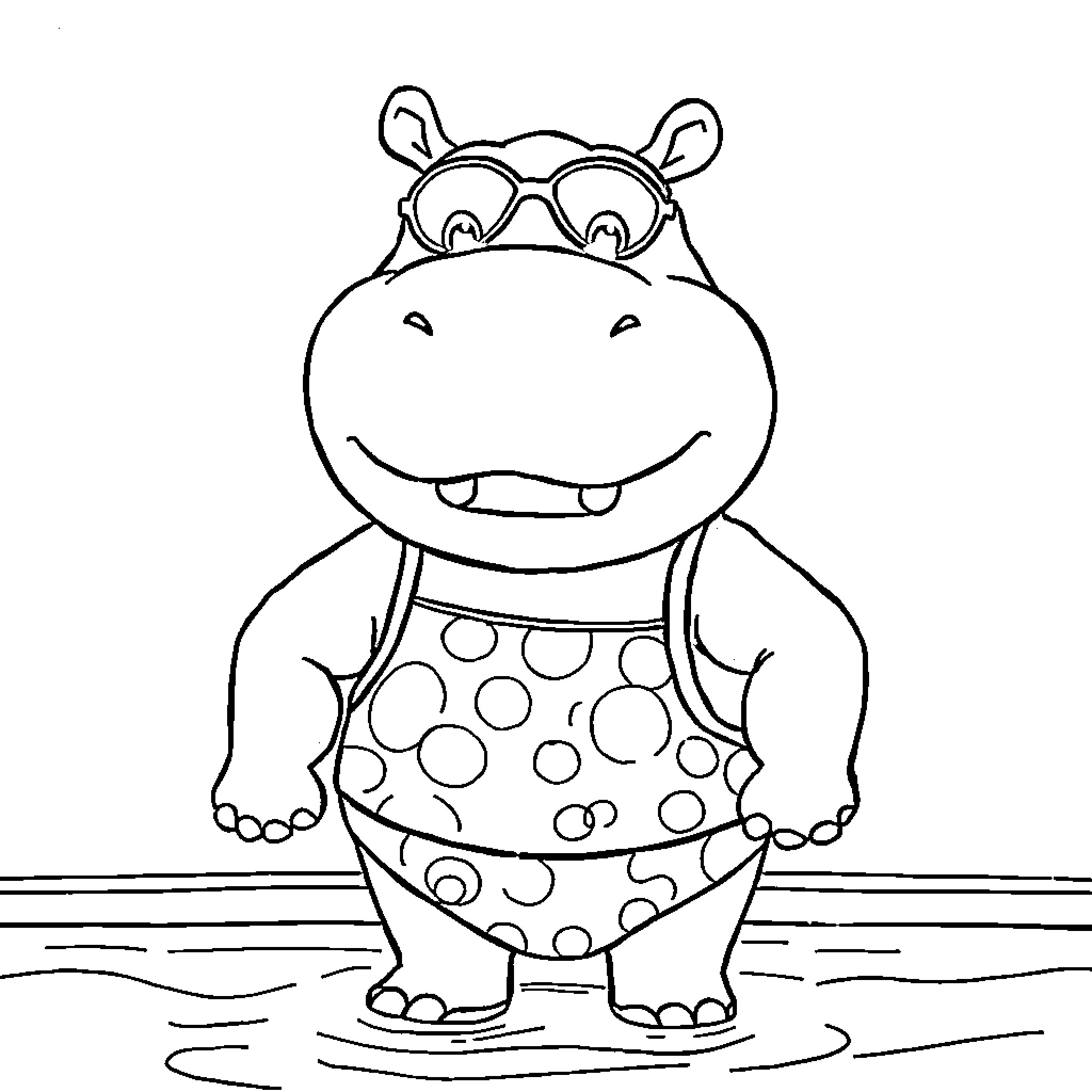 Hippo happily swimming in the water wearing glasses Coloring Page (free black-and-white line drawing printable PDF for all, from beginners to advanced learners, including children, teens, adults, and seniors)