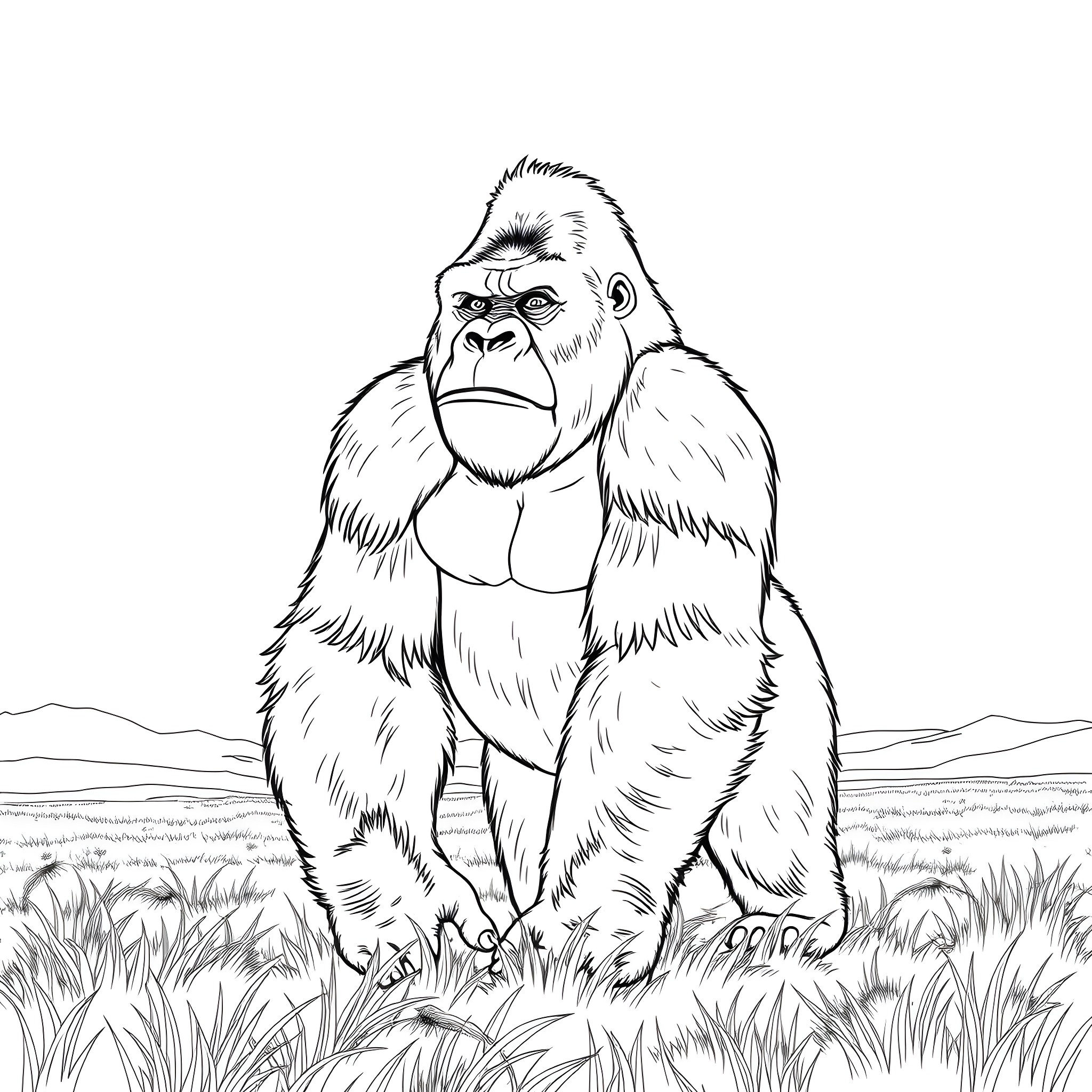 Gorilla sitting calmly in the wild Coloring Page (free black-and-white line drawing printable PDF for all, from beginners to advanced learners, including children, teens, adults, and seniors)