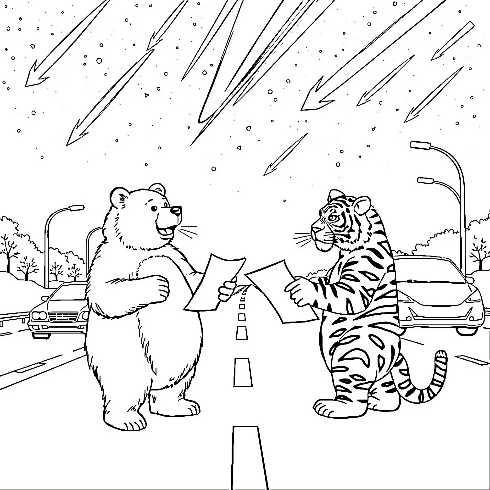 Bear and Tiger Watching Meteor Shower in the City Coloring Page (free black-and-white line drawing printable PDF for all, from beginners to advanced learners, including children, teens, adults, and seniors)