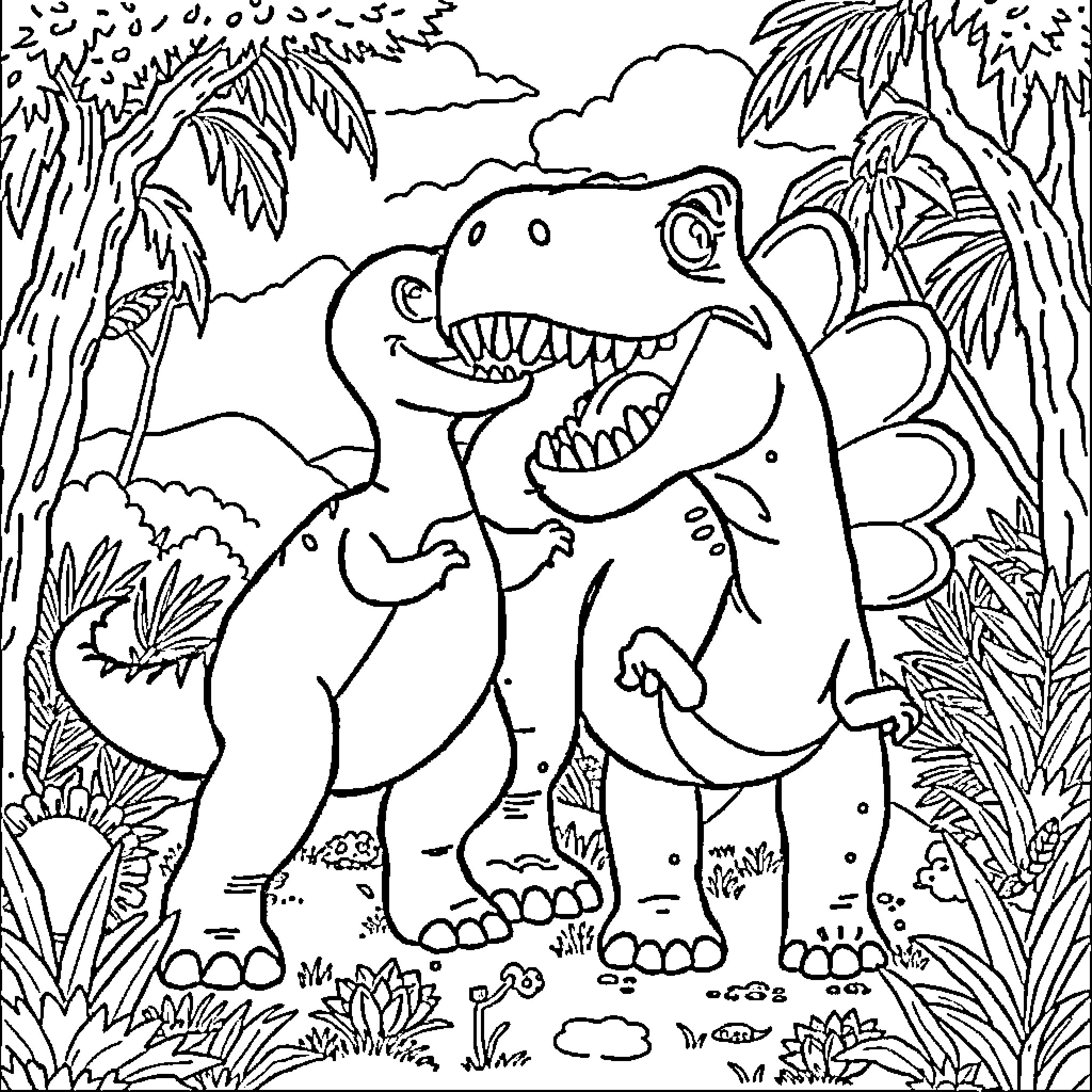 Bluey's Prehistoric Adventure with Dinosaurs Coloring Page (free black-and-white line drawing printable PDF for all, from beginners to advanced learners, including children, teens, adults, and seniors)
