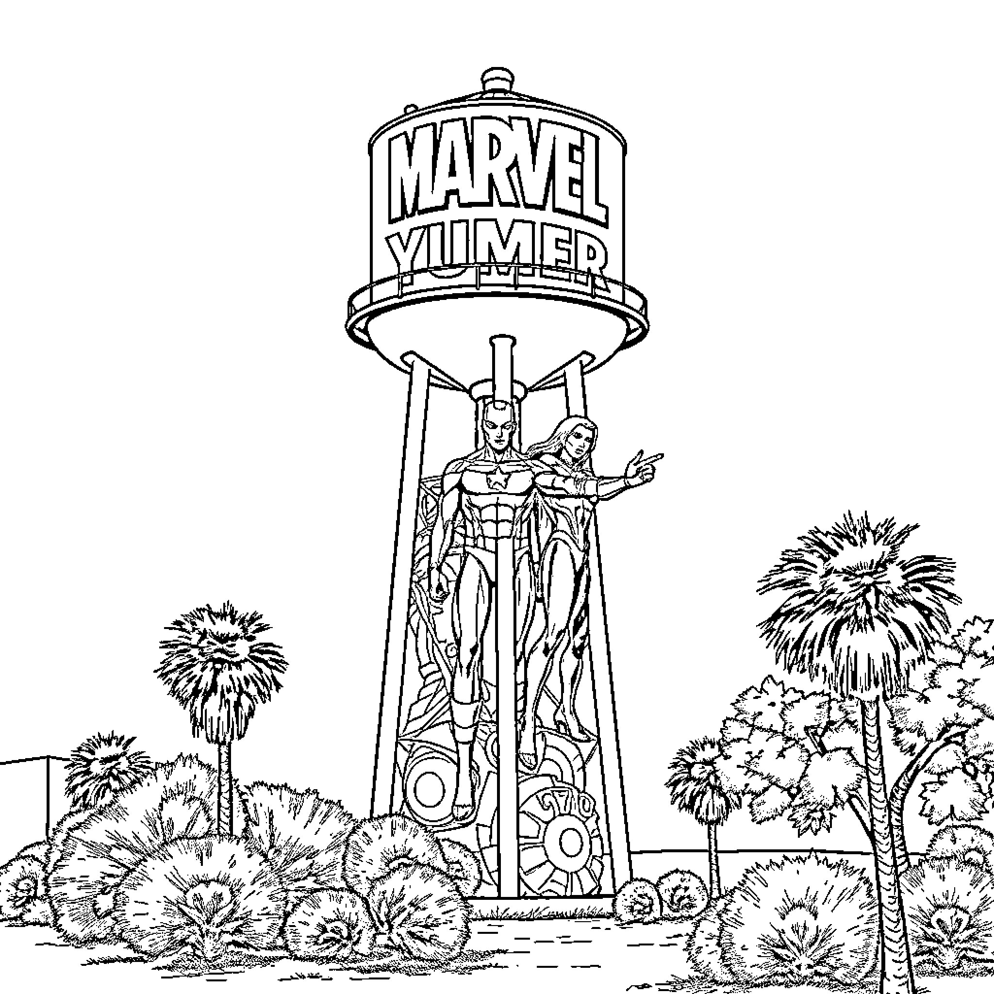 Superheroes showcasing their powers on Marvel-themed tower Coloring Page (free black-and-white line drawing printable PDF for all, from beginners to advanced learners, including children, teens, adults, and seniors)