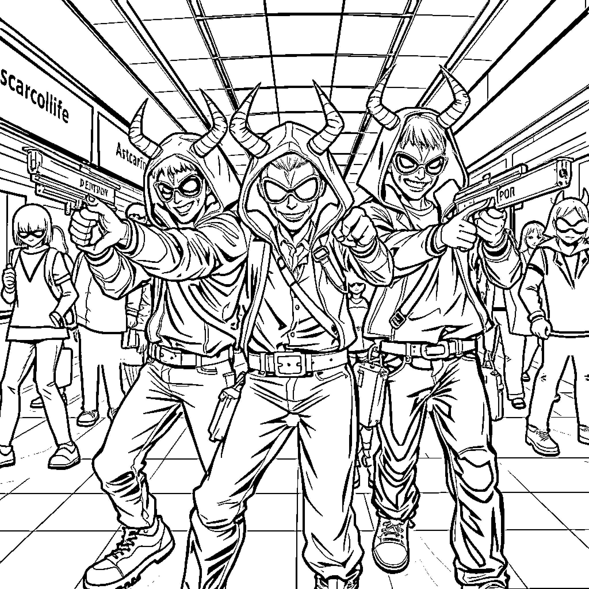 Demon Hunters in Action: Fierce Vigilantes Confront the Darkness Coloring Page (free black-and-white line drawing printable PDF for all, from beginners to advanced learners, including children, teens, adults, and seniors)