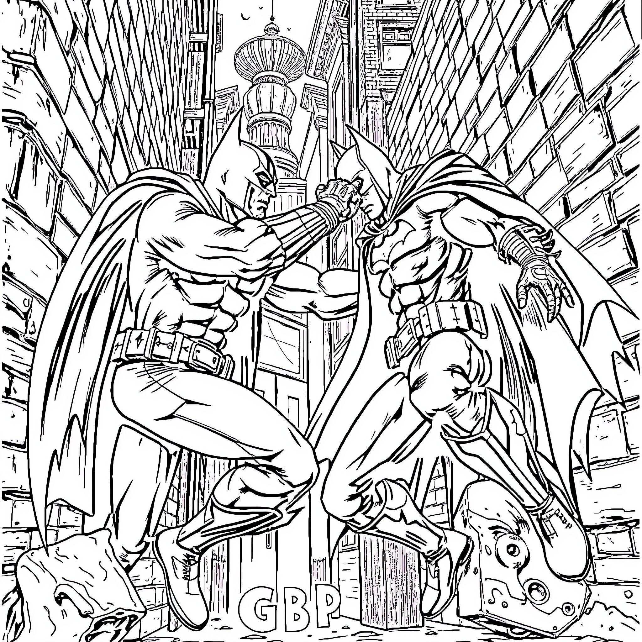 GBP Man Fighting in Stylized City Landscape Coloring Page (free black-and-white line drawing printable PDF for all, from beginners to advanced learners, including children, teens, adults, and seniors)