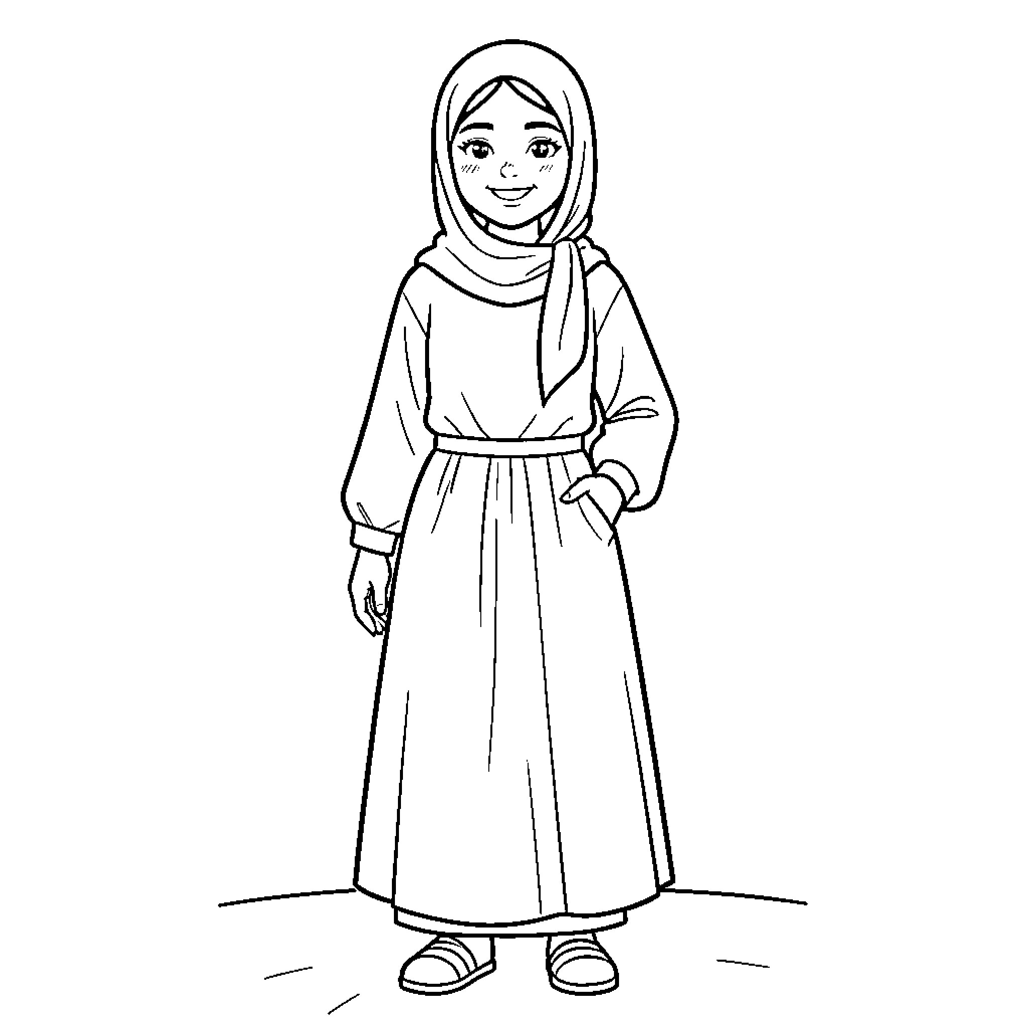 Souad smiling while wearing a long dress and hijab Coloring Page (free black-and-white line drawing printable PDF for all, from beginners to advanced learners, including children, teens, adults, and seniors)