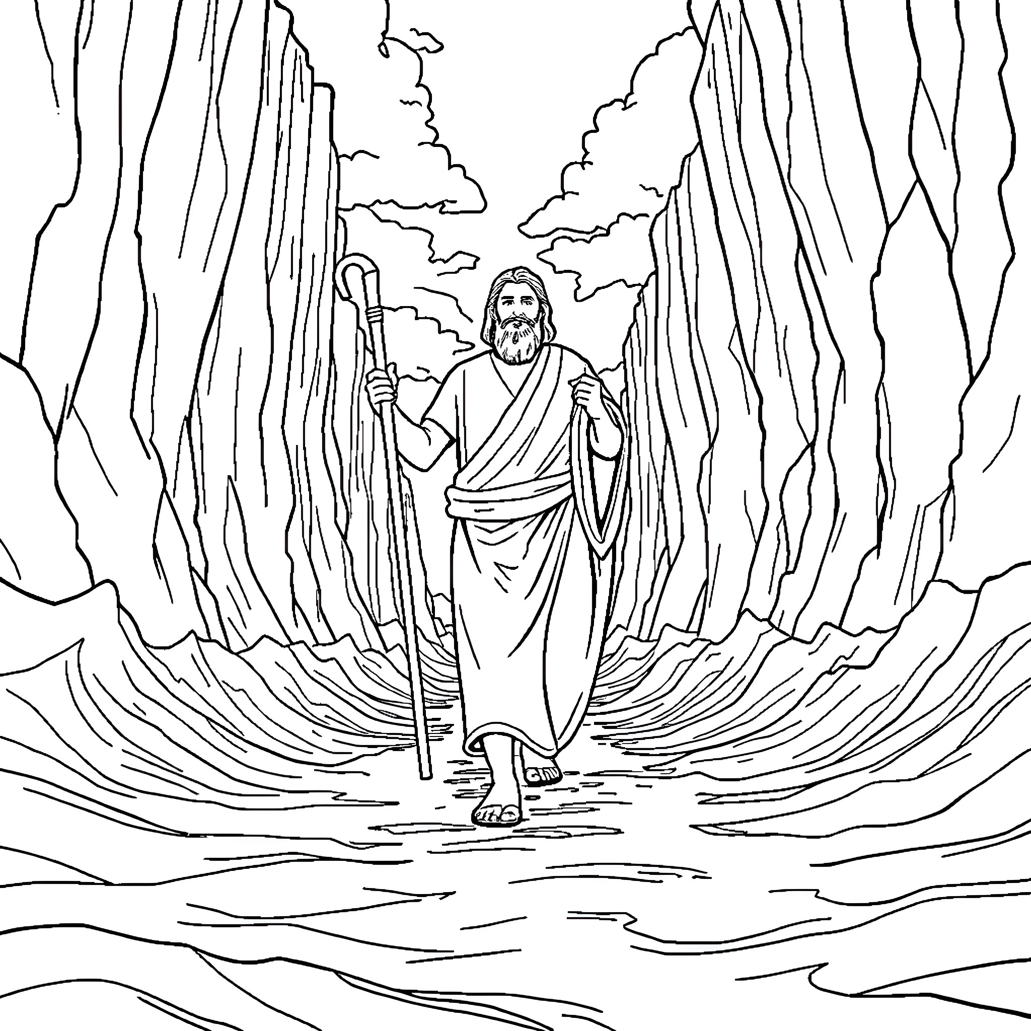 Moses Traversing the Parted Seas Coloring Page (free black-and-white line drawing printable PDF for all, from beginners to advanced learners, including children, teens, adults, and seniors)