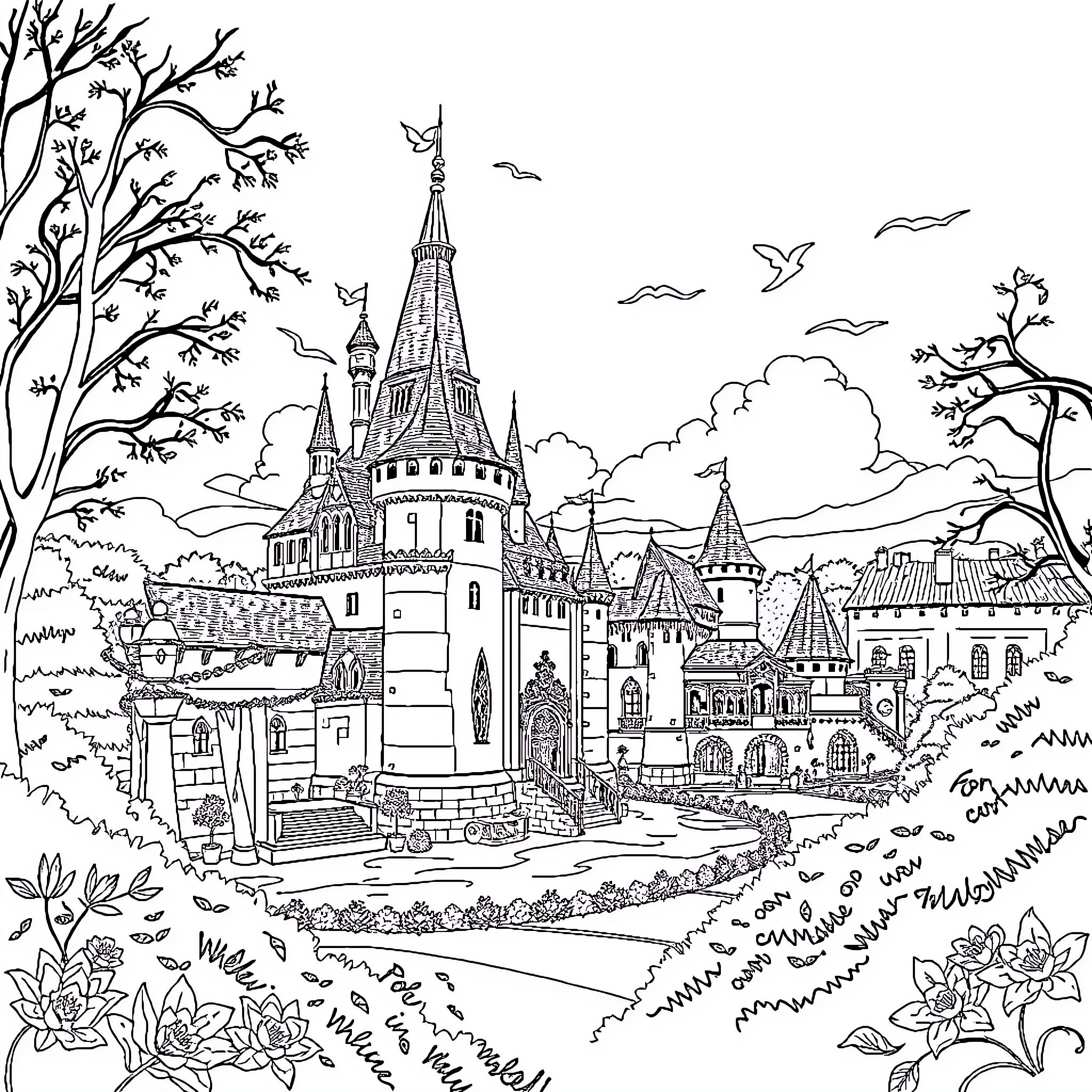 Puy du Fou: Enchanting medieval castle and cityscape Coloring Page (free black-and-white line drawing printable PDF for all, from beginners to advanced learners, including children, teens, adults, and seniors)