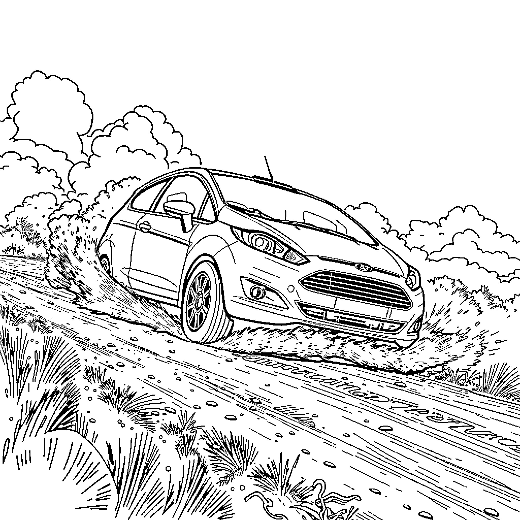Ford Fiesta speeding through the countryside Coloring Page (free black-and-white line drawing printable PDF for all, from beginners to advanced learners, including children, teens, adults, and seniors)
