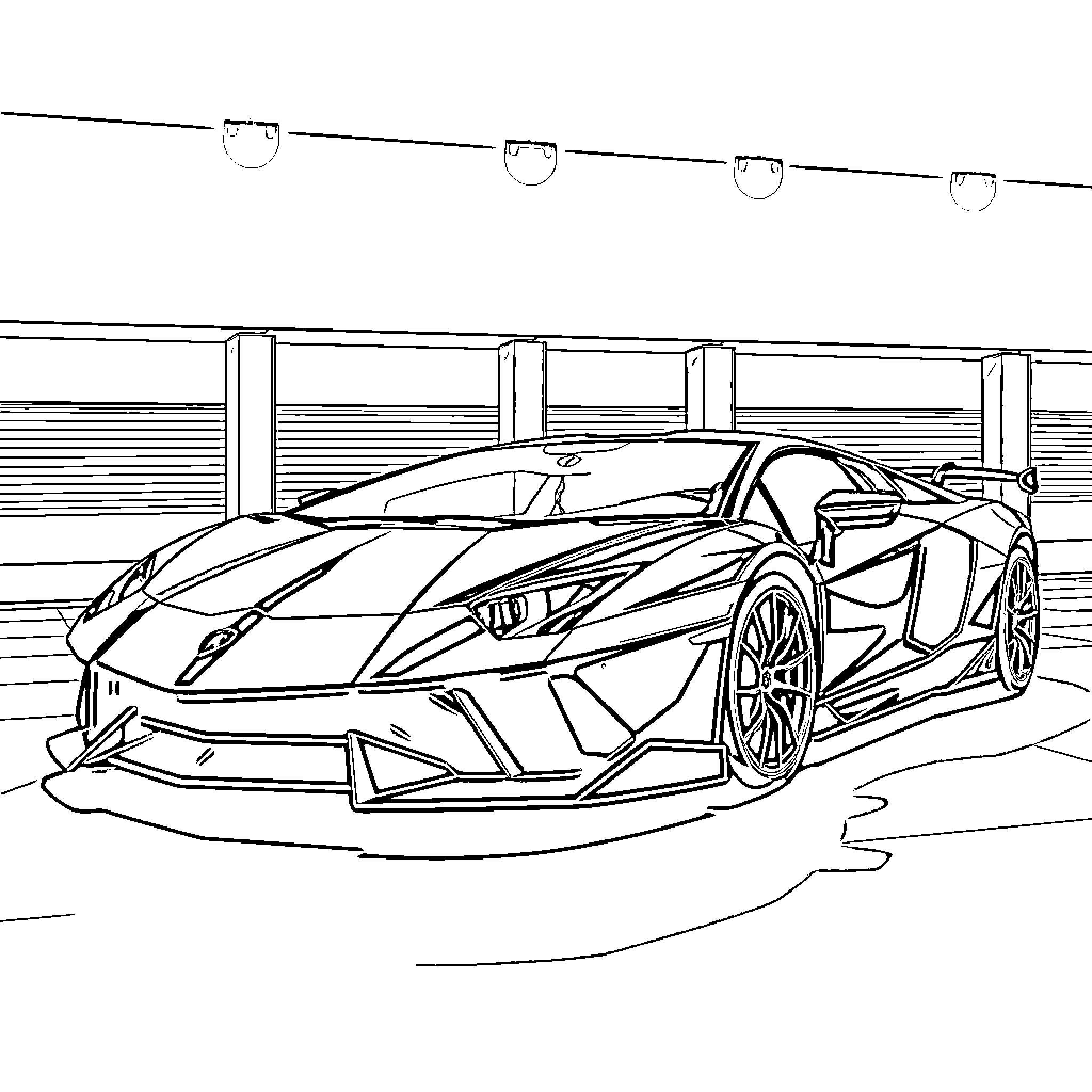 Lamborghini supercar in racing garage Coloring Page (free black-and-white line drawing printable PDF for all, from beginners to advanced learners, including children, teens, adults, and seniors)