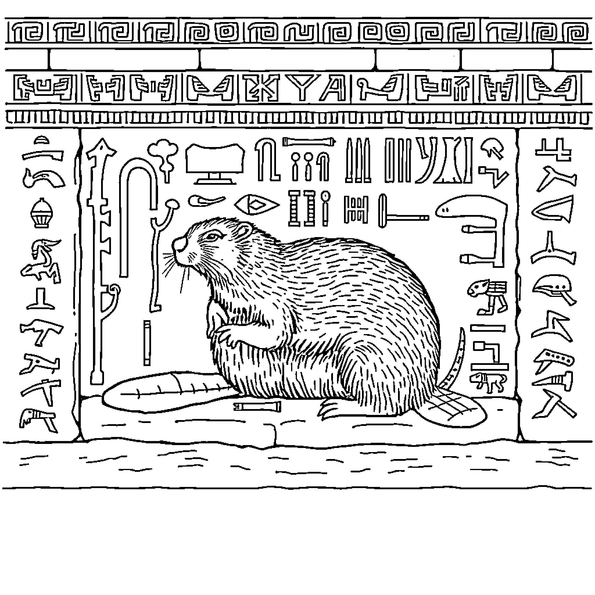 Beaver among ancient Egyptian hieroglyphs Coloring Page (free black-and-white line drawing printable PDF for all, from beginners to advanced learners, including children, teens, adults, and seniors)