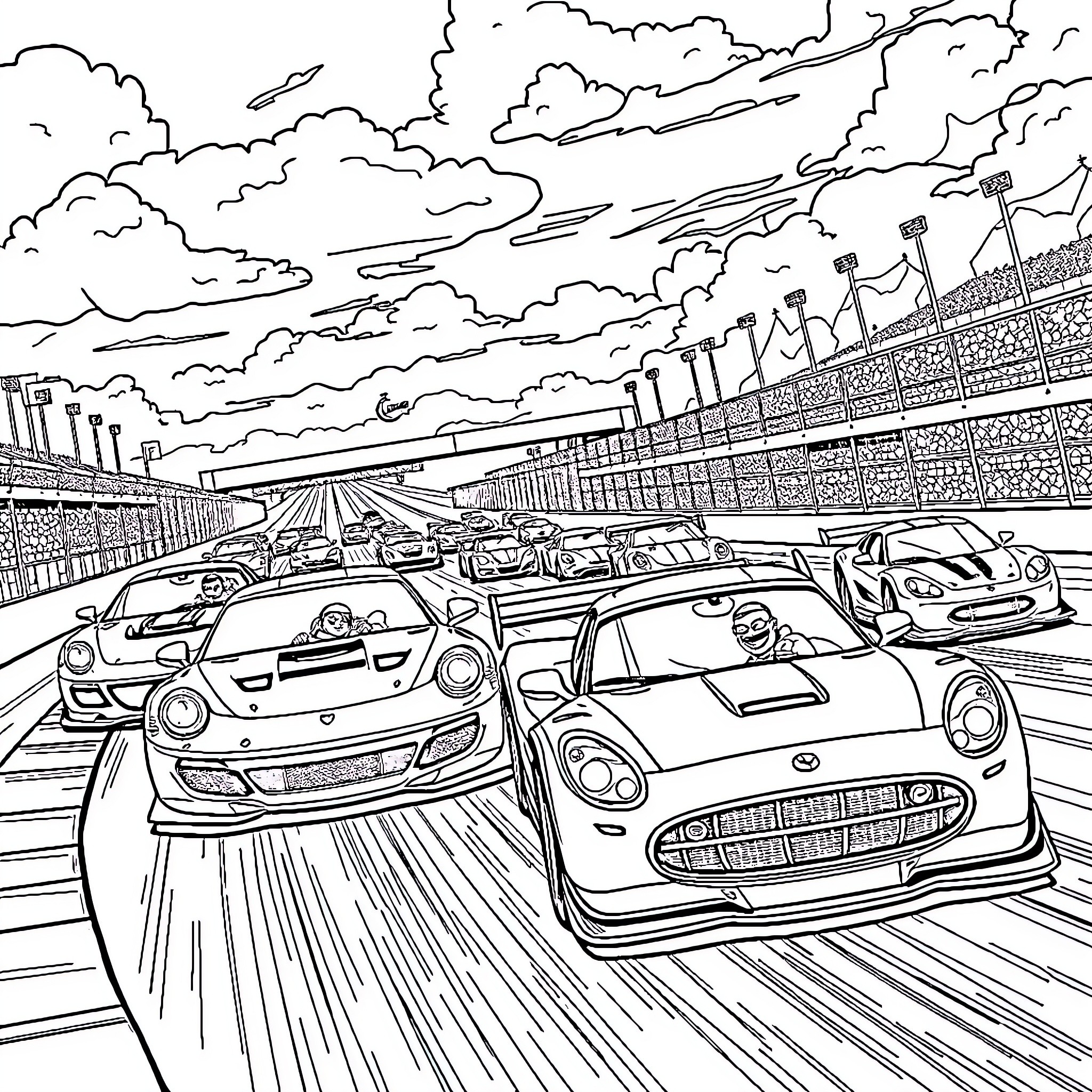 Motorsport Racing Scene with Speeding Cars and Spectators Coloring Page (free black-and-white line drawing printable PDF for all, from beginners to advanced learners, including children, teens, adults, and seniors)