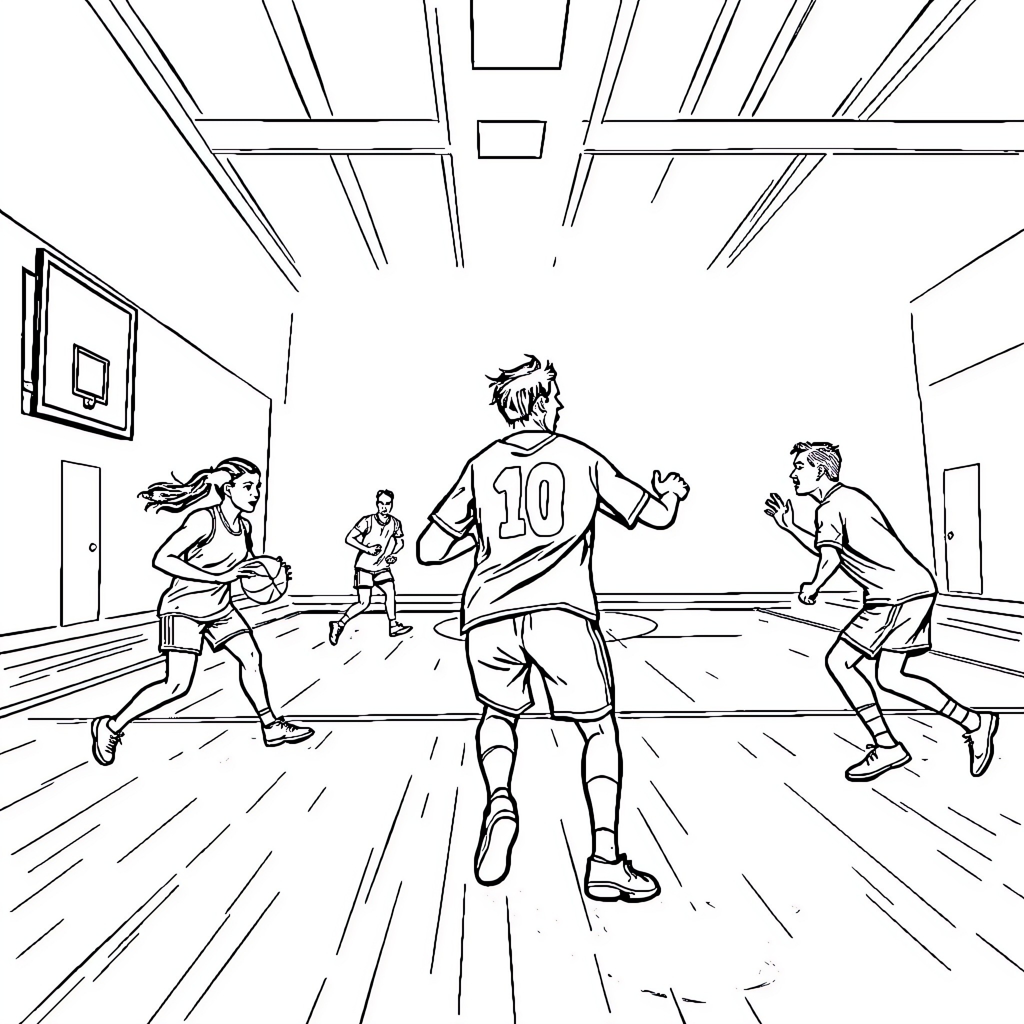 Handball players in action on the court Coloring Page (free black-and-white line drawing printable PDF for all, from beginners to advanced learners, including children, teens, adults, and seniors)