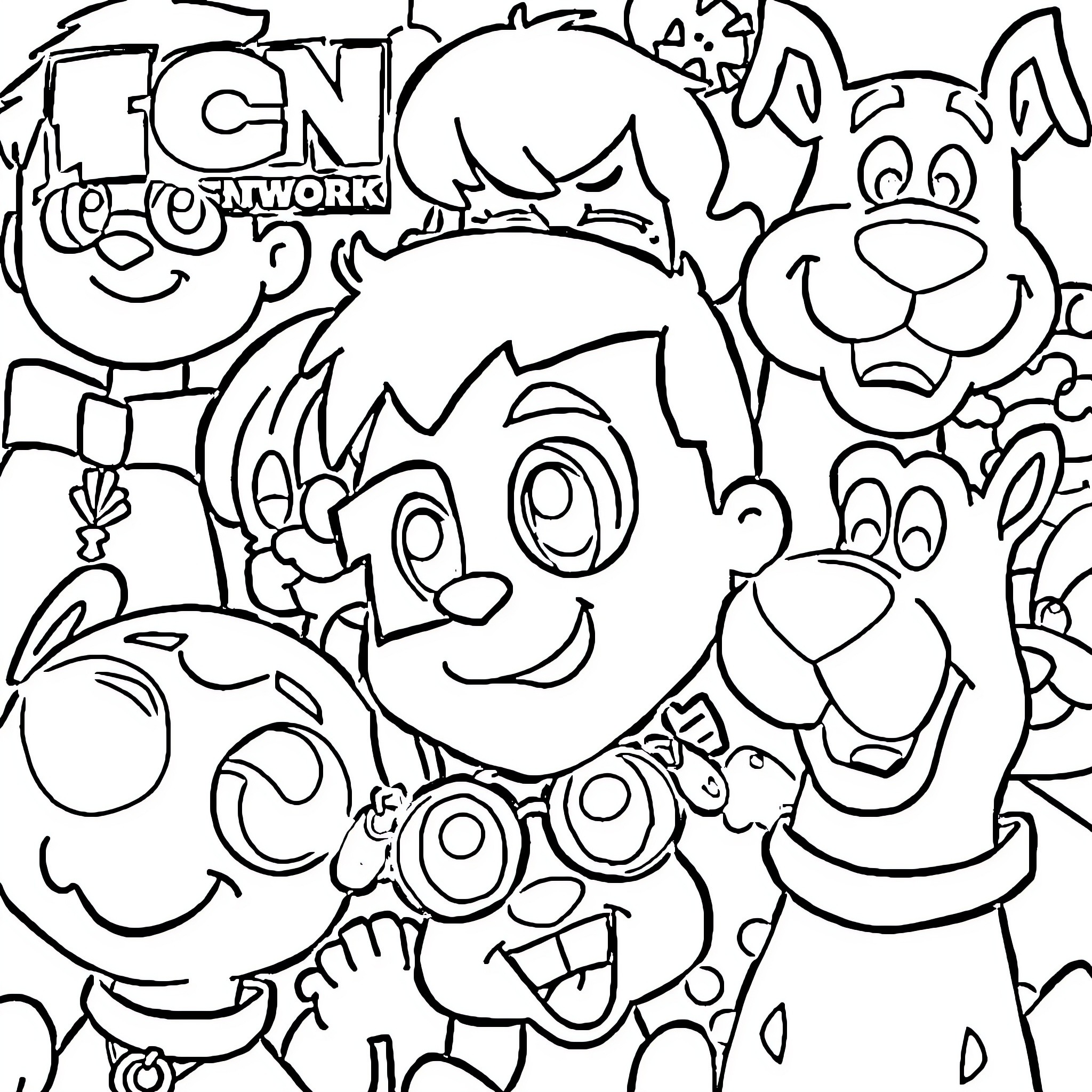 Cartoon Character Playful Group in Colorful Cartoon Scene Coloring Page (free black-and-white line drawing printable PDF for all, from beginners to advanced learners, including children, teens, adults, and seniors)