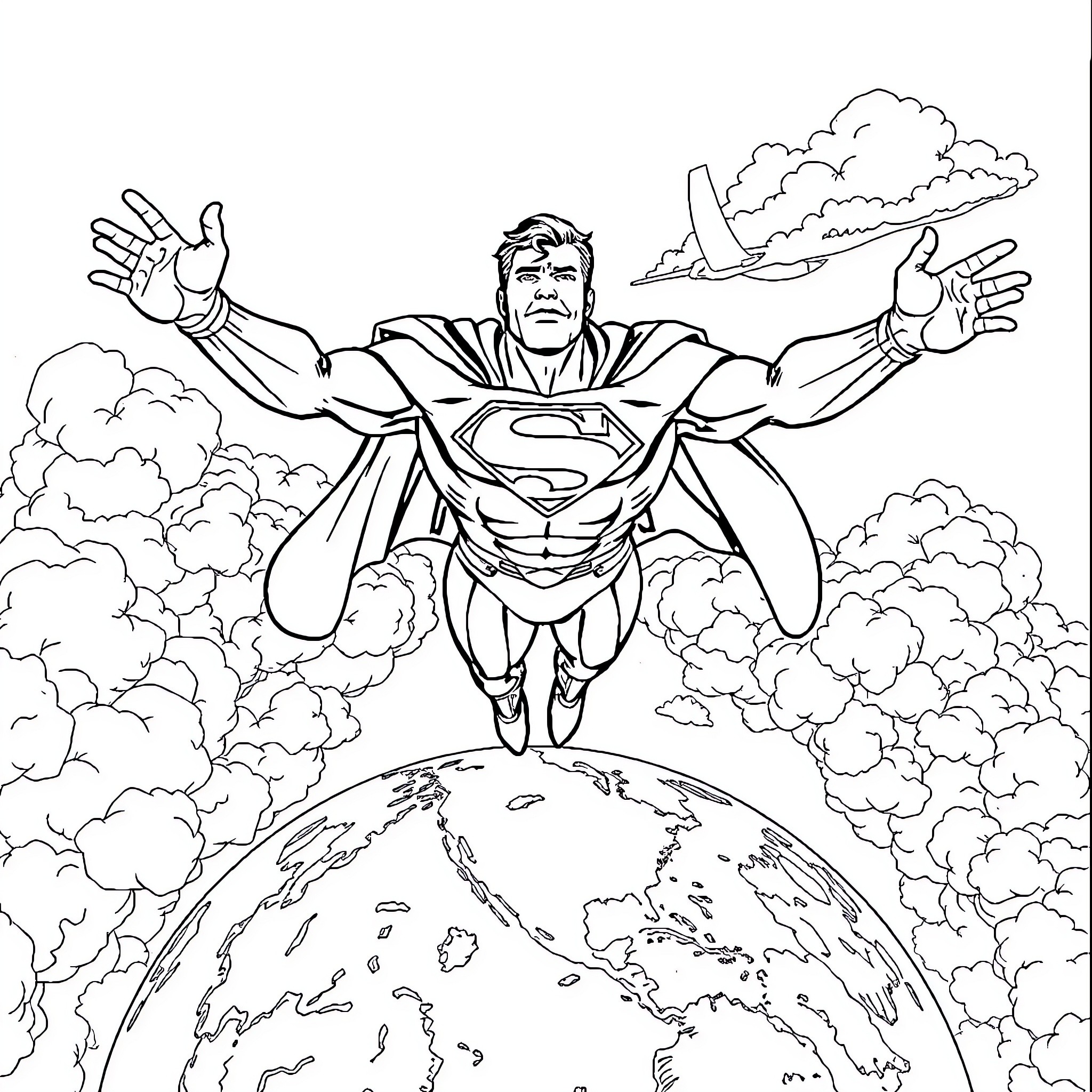 Superman soaring heroically over the Earth Coloring Page (free black-and-white line drawing printable PDF for all, from beginners to advanced learners, including children, teens, adults, and seniors)