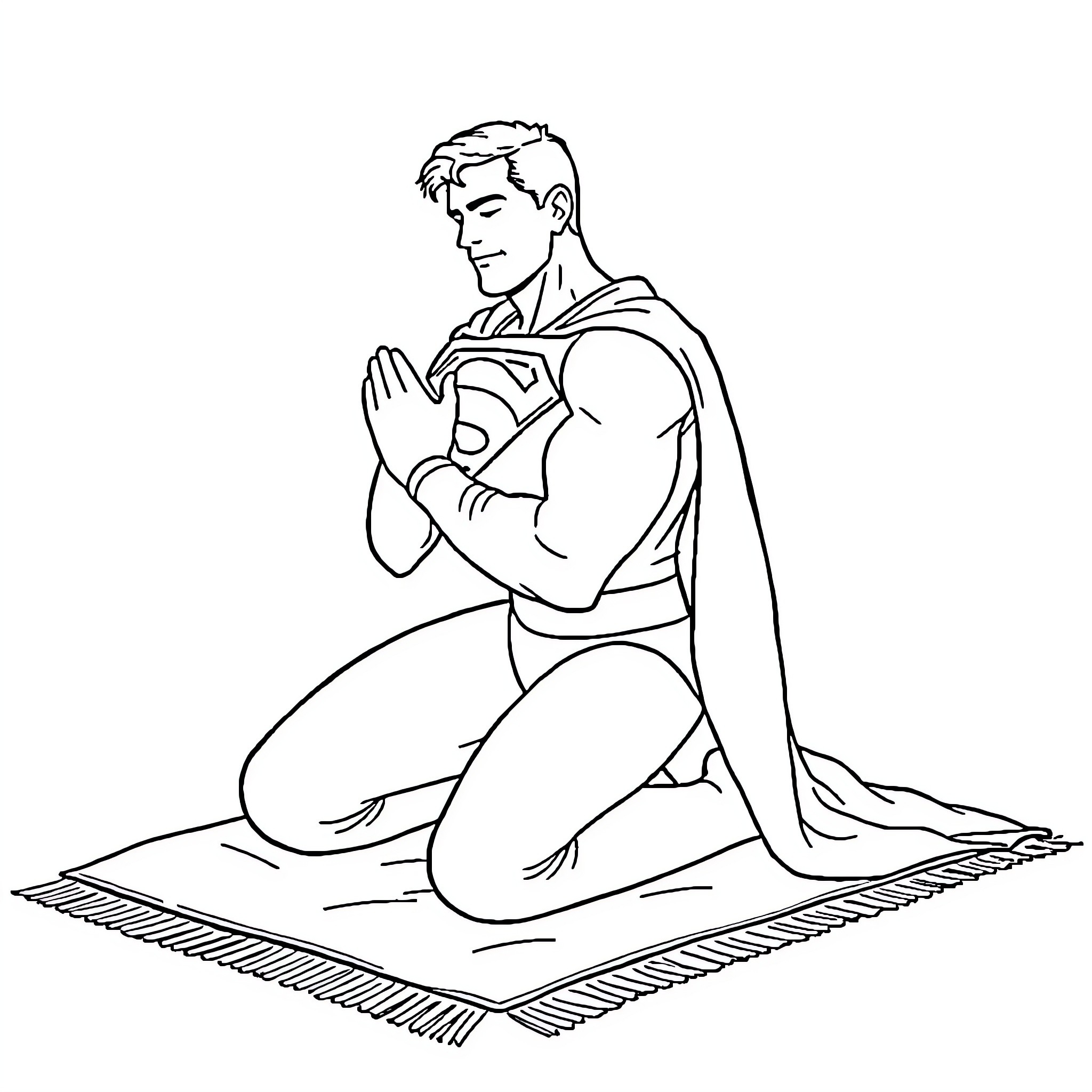 Superman meditating in a thoughtful pose Coloring Page (free black-and-white line drawing printable PDF for all, from beginners to advanced learners, including children, teens, adults, and seniors)