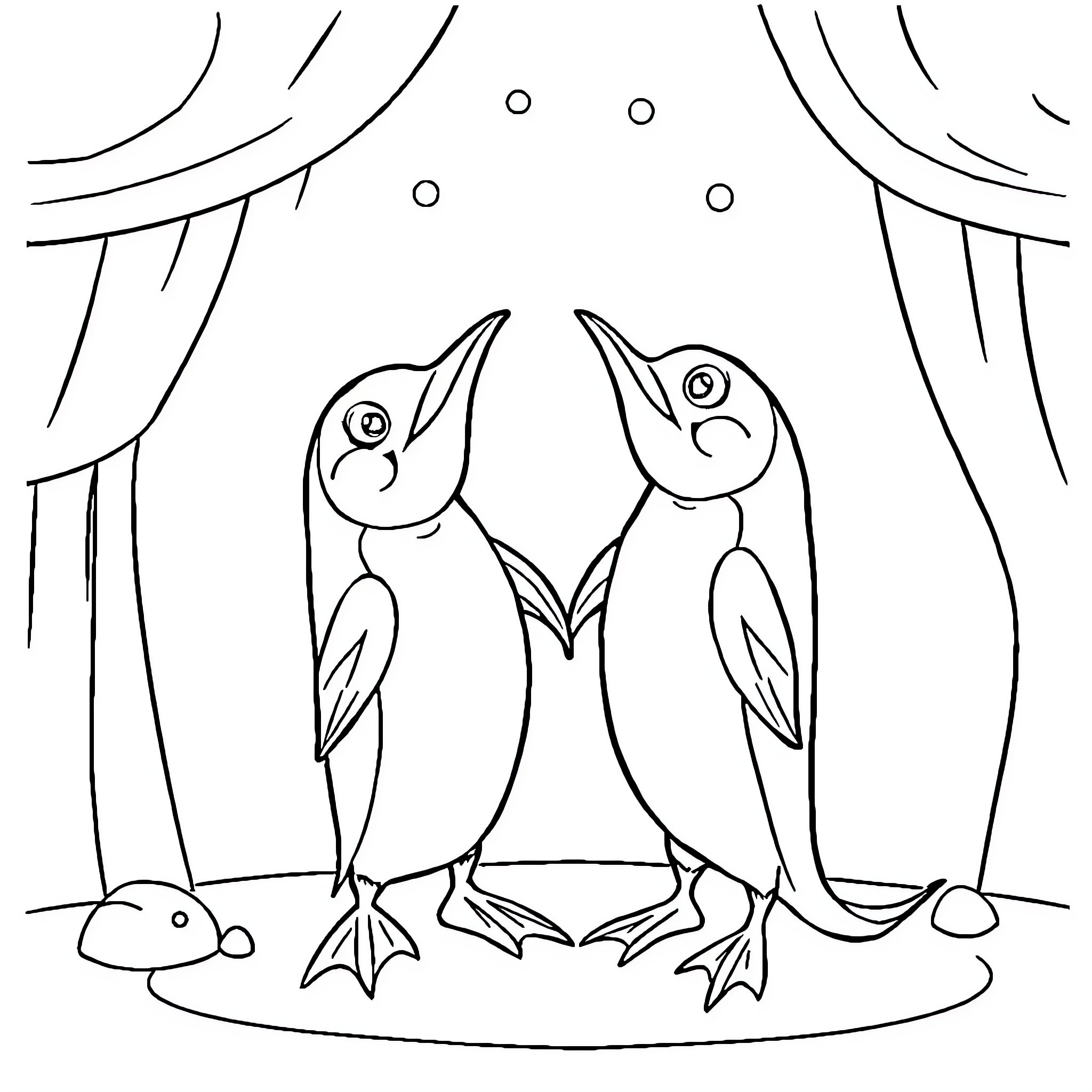 Sardine Penguins on Stage Coloring Page (free black-and-white line drawing printable PDF for all, from beginners to advanced learners, including children, teens, adults, and seniors)