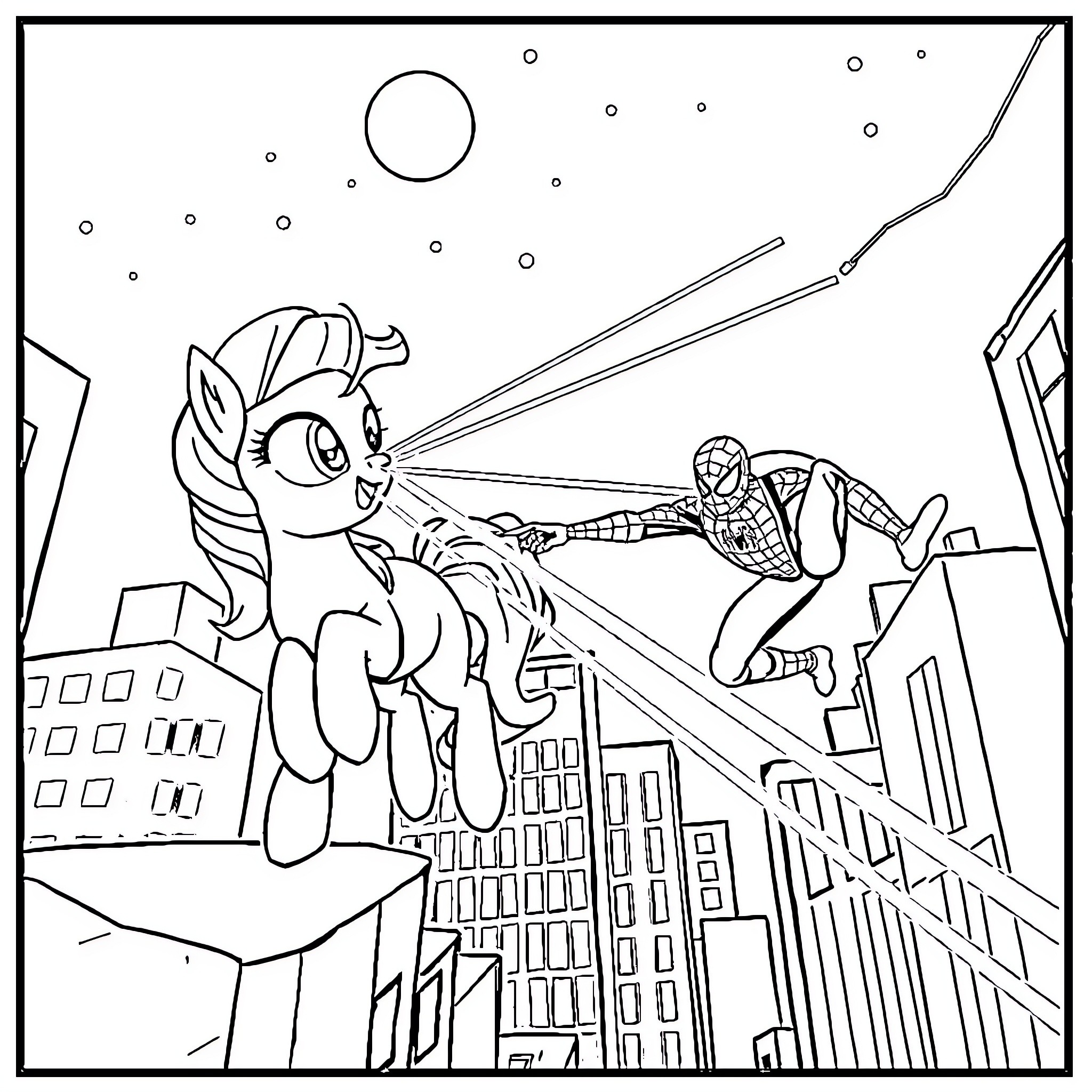 Mylittlepony helping Spiderman save the city Coloring Page (free black-and-white line drawing printable PDF for all, from beginners to advanced learners, including children, teens, adults, and seniors)